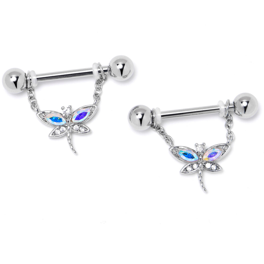 BodyCandy 14G 9/16 Aurora CZ Gem Understated Dragonfly Dangle Nipple Ring Set — lifestyle context