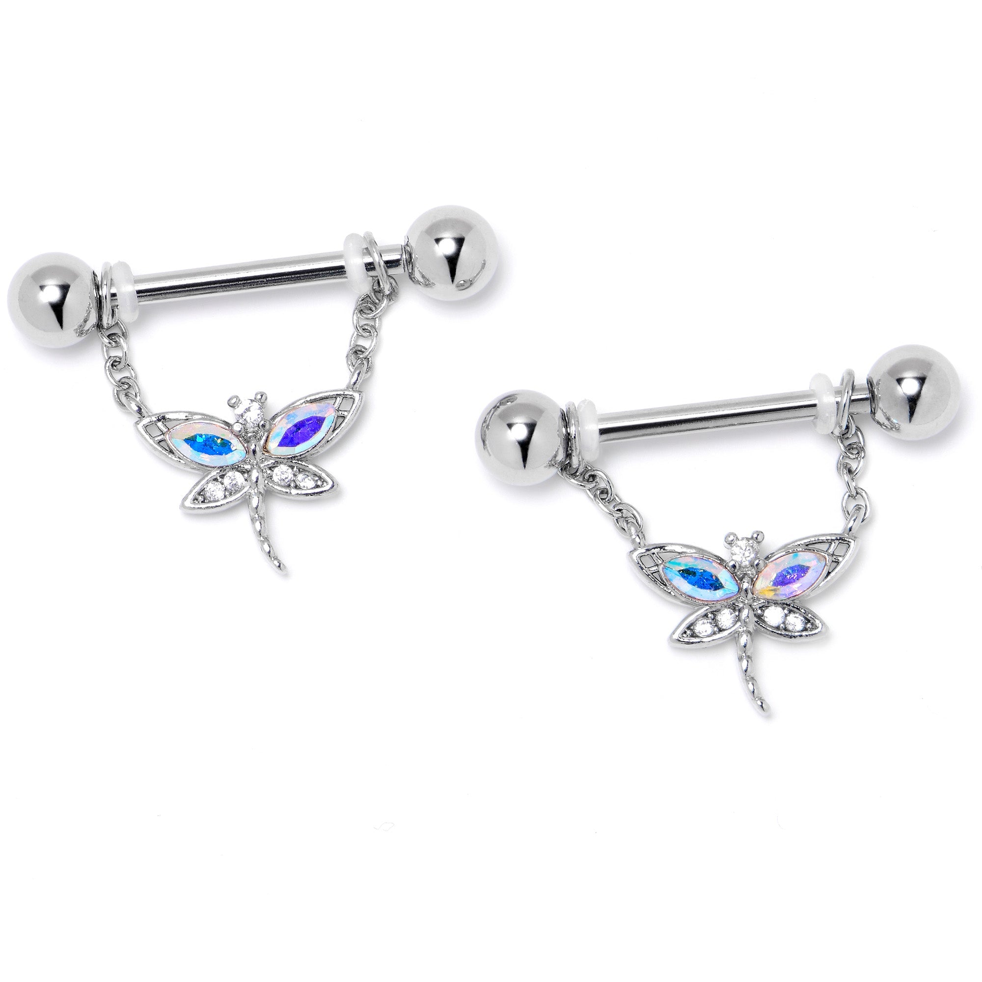 BodyCandy 14G 9/16 Aurora CZ Gem Understated Dragonfly Dangle Nipple Ring Set — lifestyle context