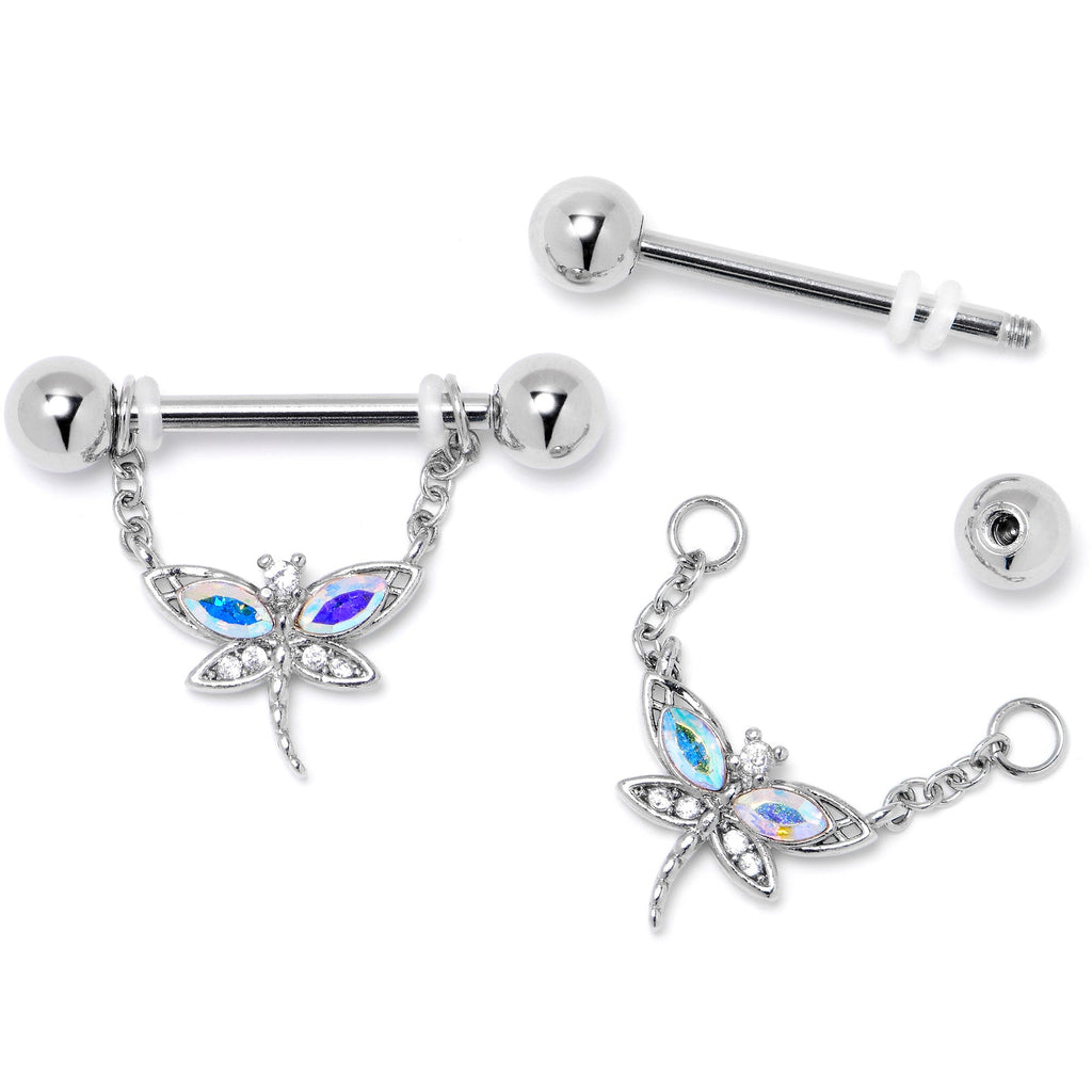 BodyCandy 14G 9/16 Aurora CZ Gem Understated Dragonfly Dangle Nipple Ring Set — side view