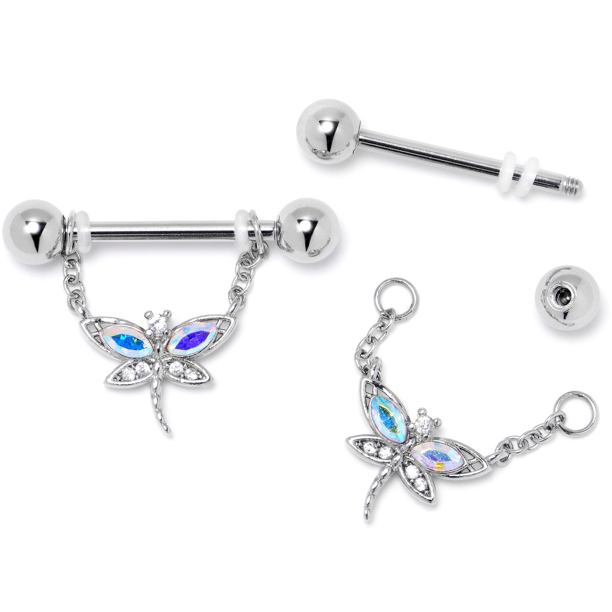 BodyCandy 14G 9/16 Aurora CZ Gem Understated Dragonfly Dangle Nipple Ring Set — side view
