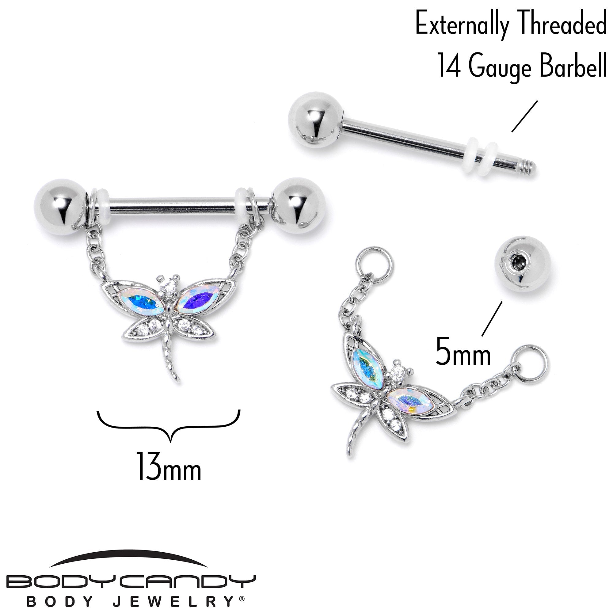 BodyCandy 14G 9/16 Aurora CZ Gem Understated Dragonfly Dangle Nipple Ring Set — back view