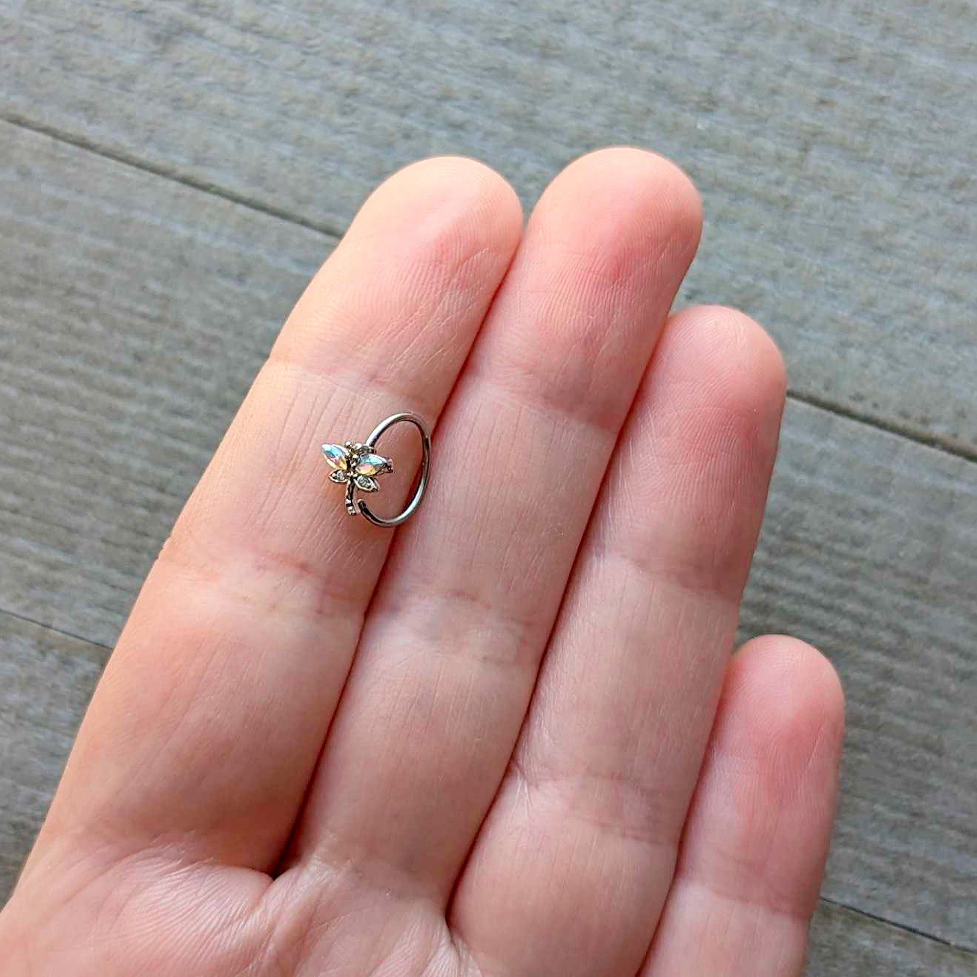 BodyCandy 20G 5/16 Aurora CZ Gem Understated Dragonfly Nose Hoop — side view