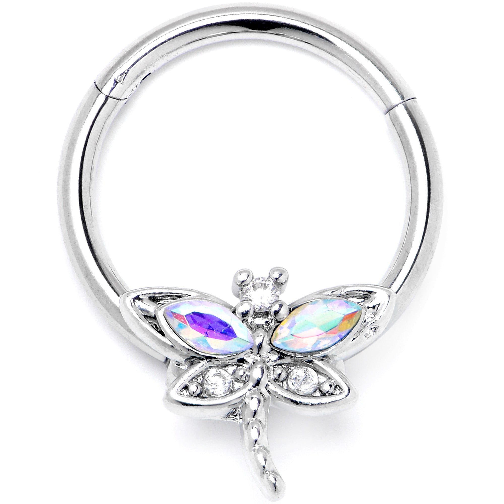 BodyCandy 16G 3/8 Aurora CZ Gem Understated Dragonfly Hinged Segment Ring — main product shot