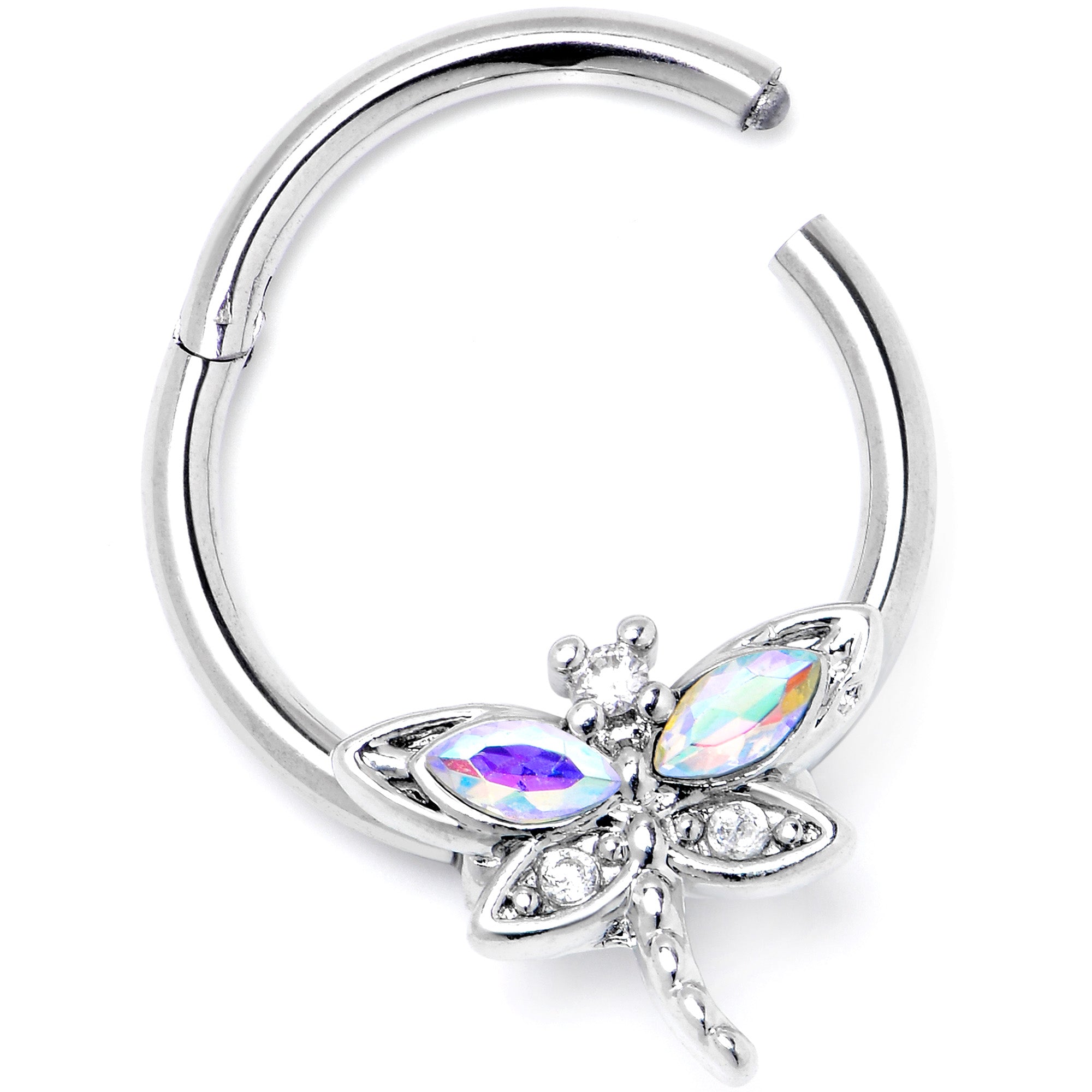 BodyCandy 16G 3/8 Aurora CZ Gem Understated Dragonfly Hinged Segment Ring — side view