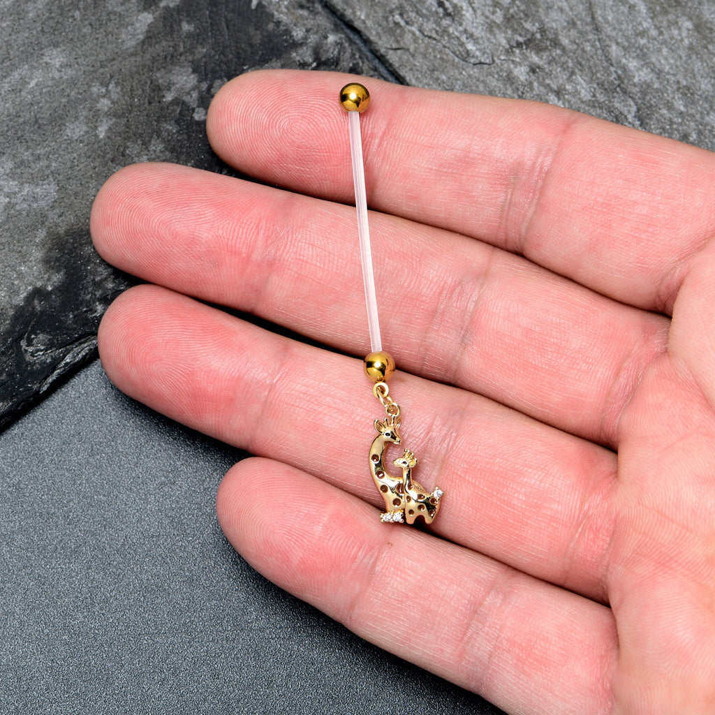 BodyCandy Clear CZ Gem Mom and Baby Giraffe Dangle PTFE Pregnancy Belly Ring — detail close-up