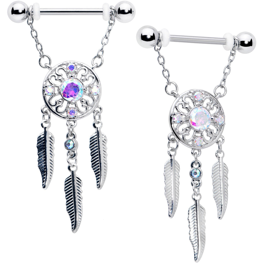 BodyCandy 14G 9/16 Aurora CZ Gem Dreamcatcher Dangle Nipple Ring Set — main product shot
