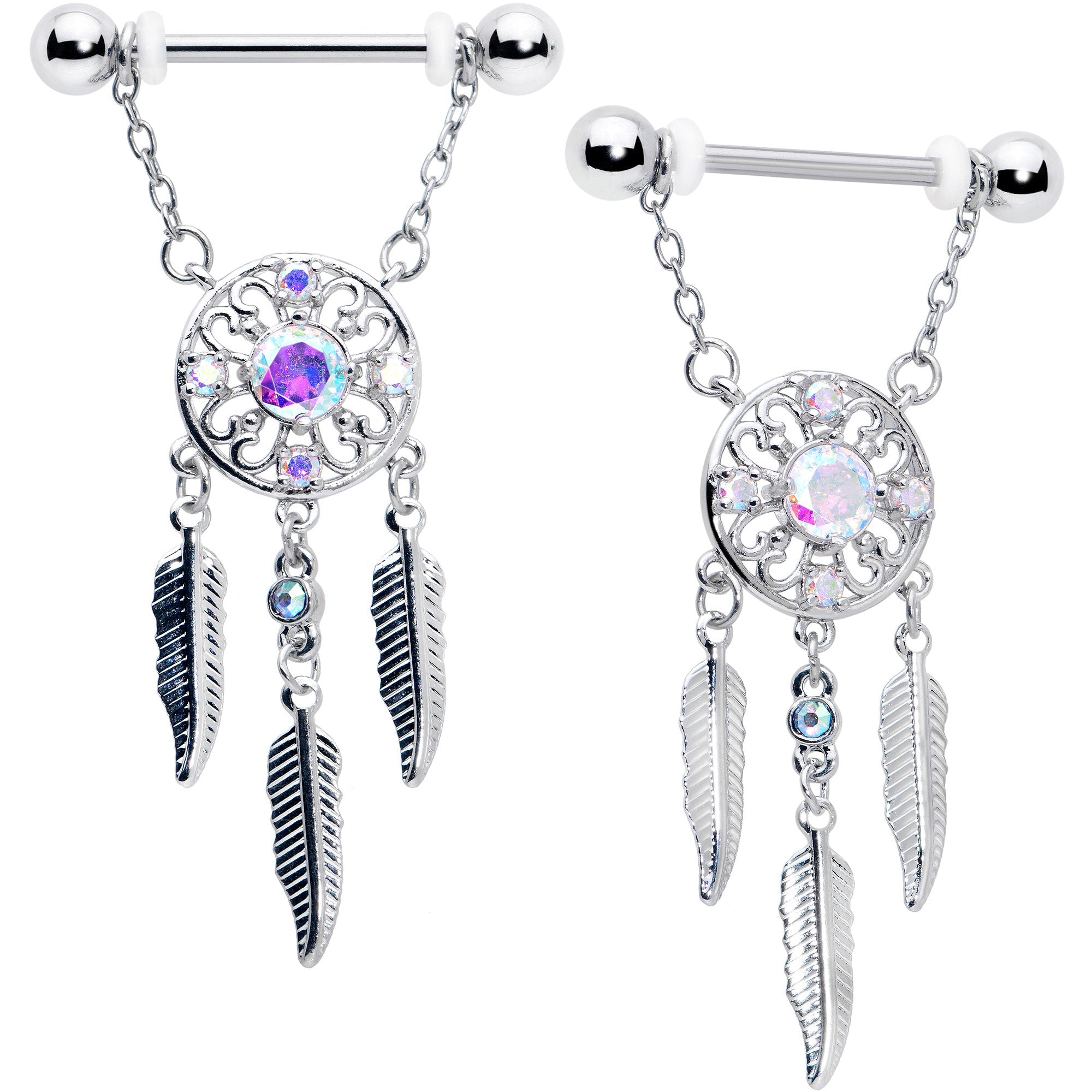 BodyCandy 14G 9/16 Aurora CZ Gem Dreamcatcher Dangle Nipple Ring Set — main product shot