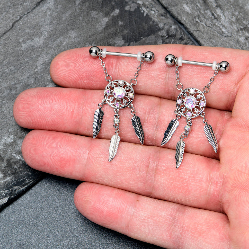 BodyCandy 14G 9/16 Aurora CZ Gem Dreamcatcher Dangle Nipple Ring Set — detail close-up