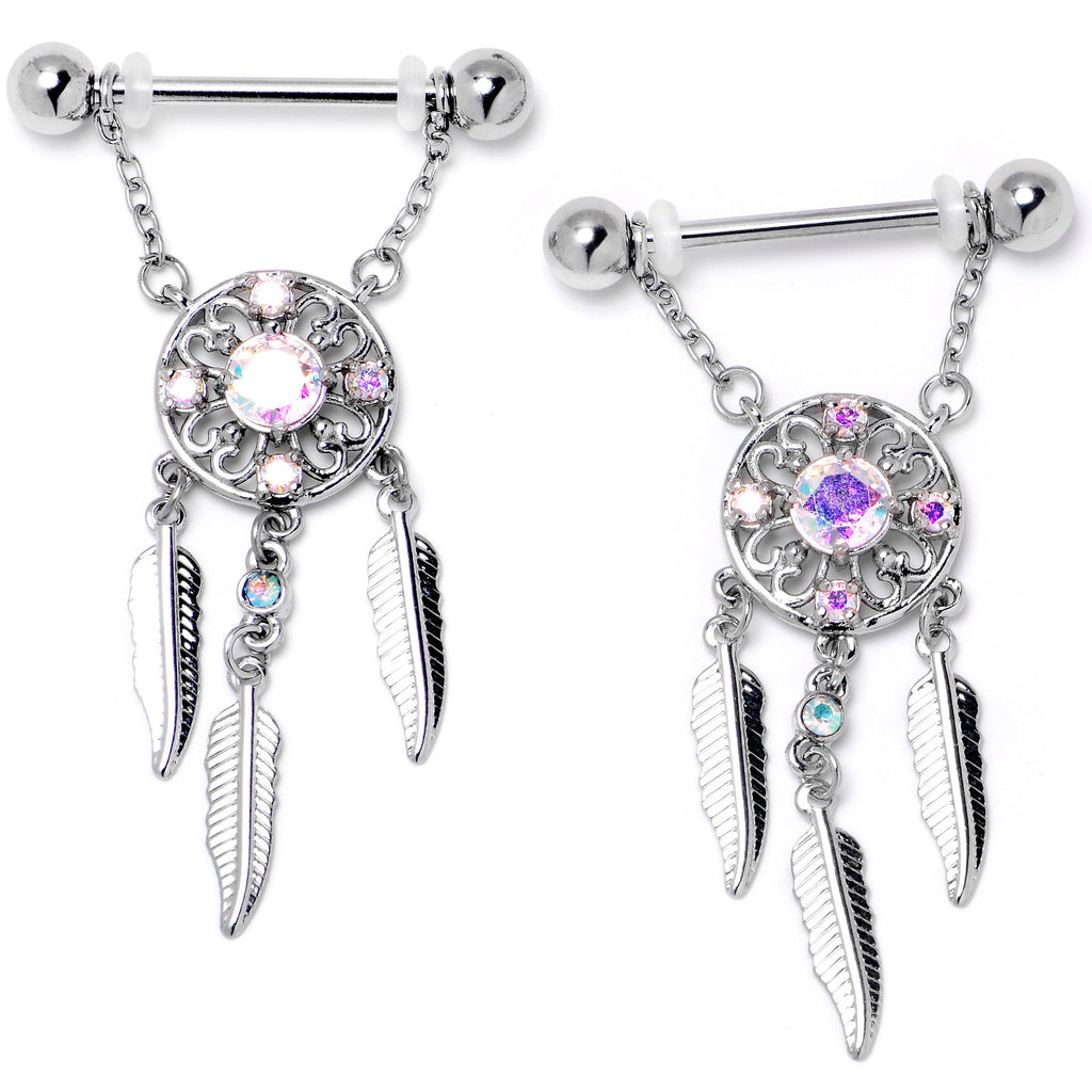 BodyCandy 14G 9/16 Aurora CZ Gem Dreamcatcher Dangle Nipple Ring Set — lifestyle context