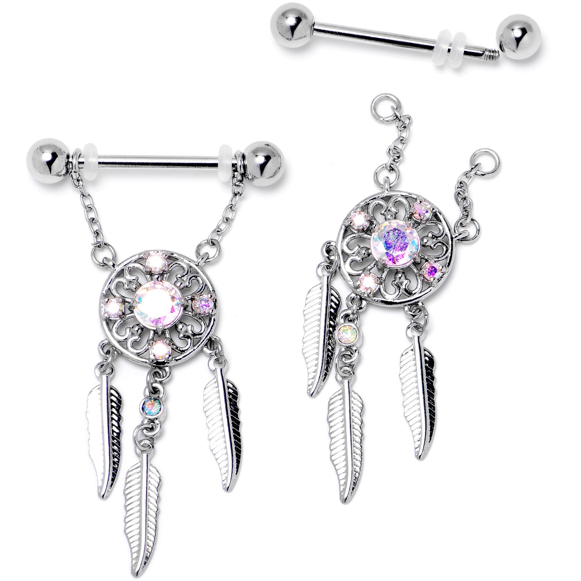 BodyCandy 14G 9/16 Aurora CZ Gem Dreamcatcher Dangle Nipple Ring Set — side view