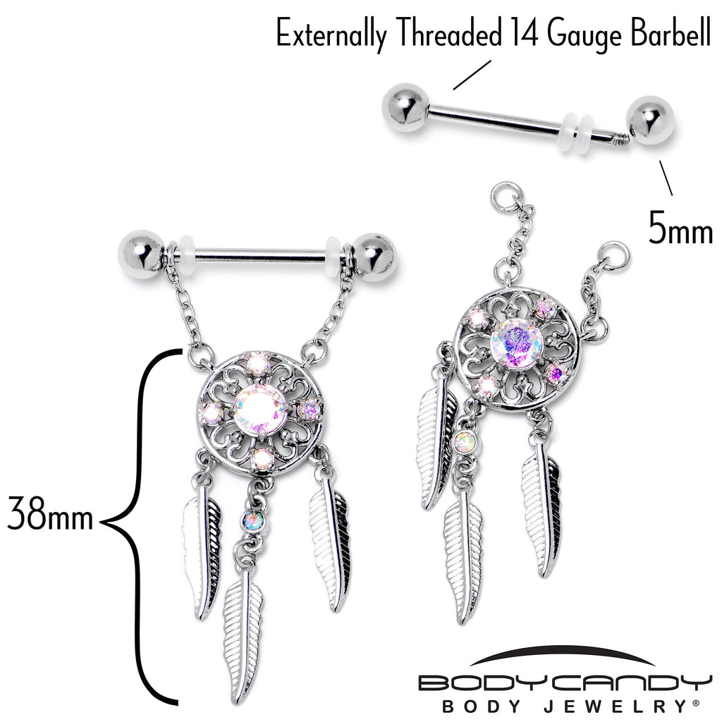 BodyCandy 14G 9/16 Aurora CZ Gem Dreamcatcher Dangle Nipple Ring Set — back view