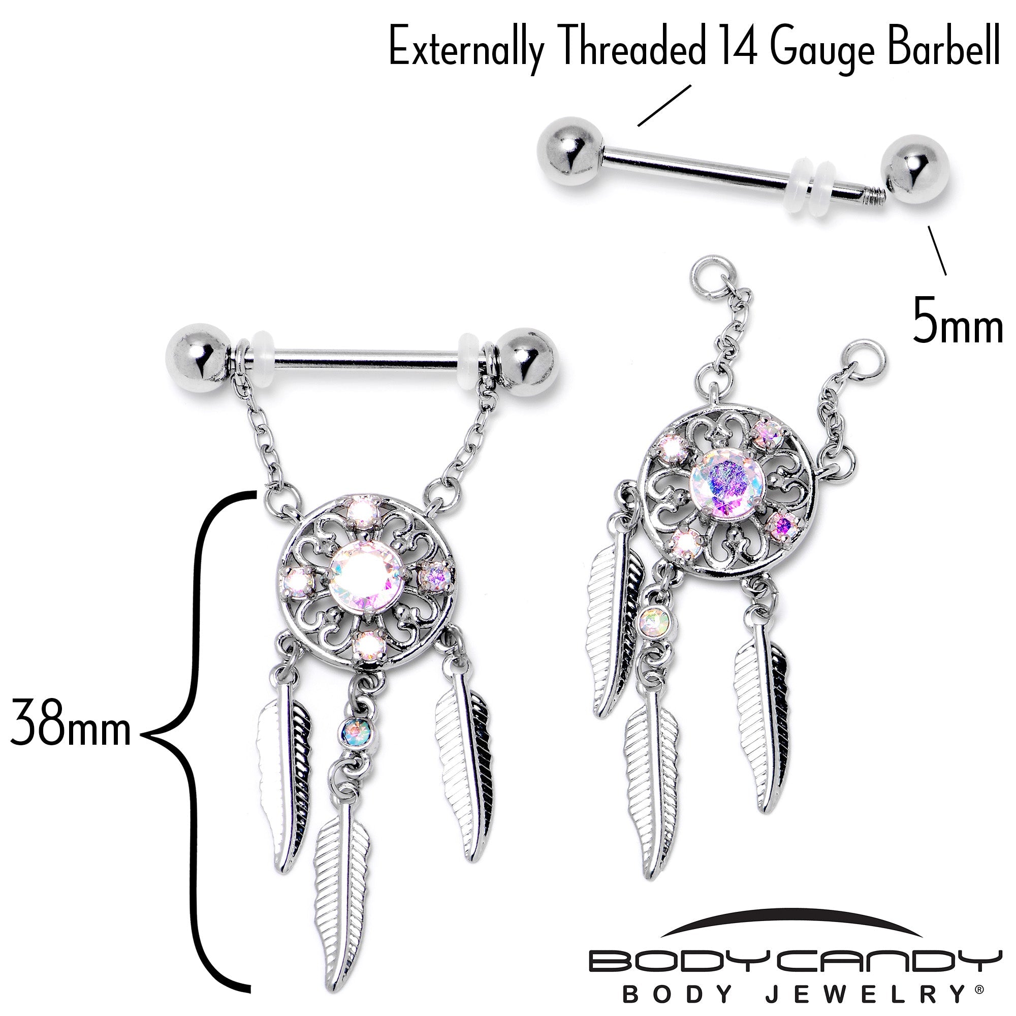 BodyCandy 14G 9/16 Aurora CZ Gem Dreamcatcher Dangle Nipple Ring Set — back view