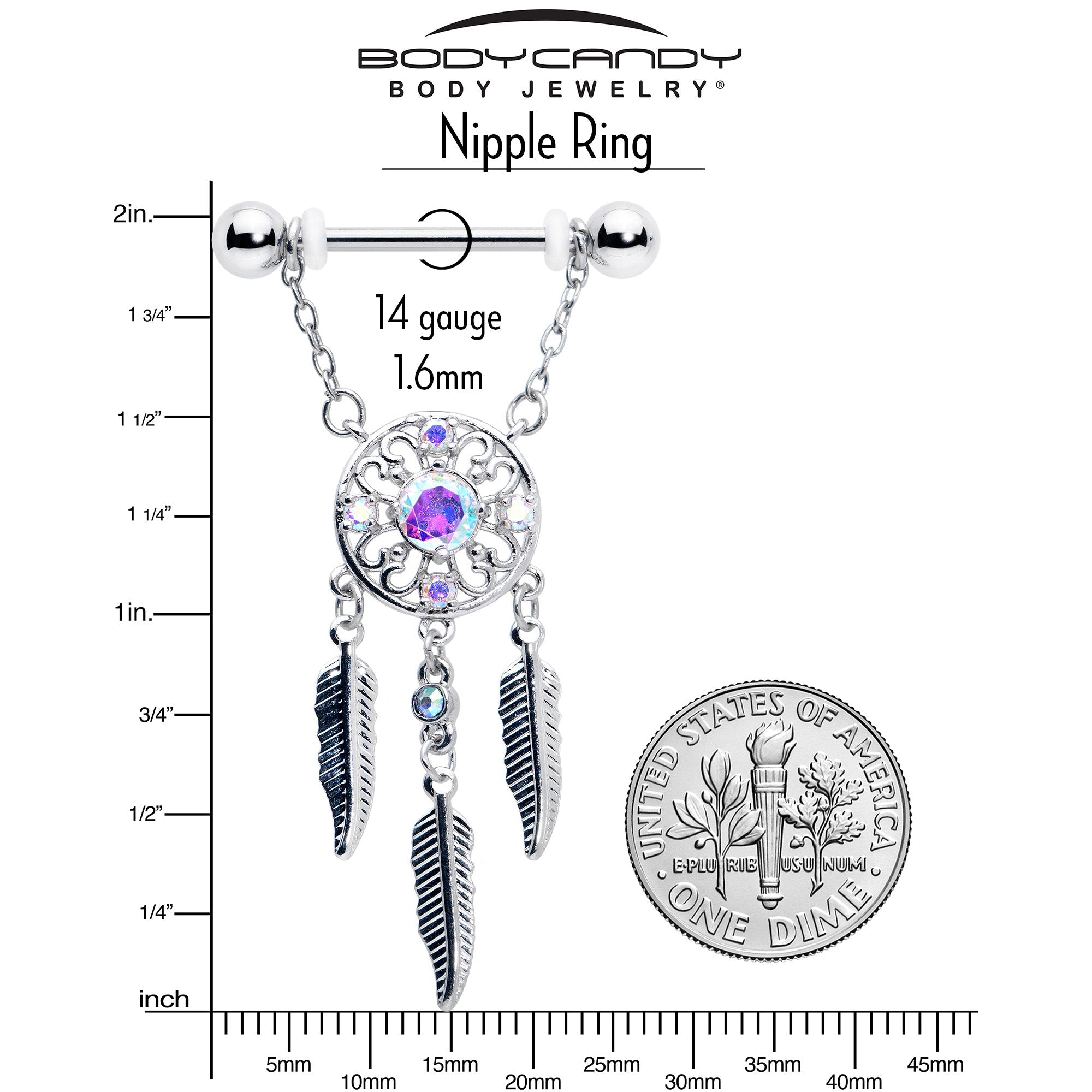 BodyCandy 14G 9/16 Aurora CZ Gem Dreamcatcher Dangle Nipple Ring Set — alternative angle