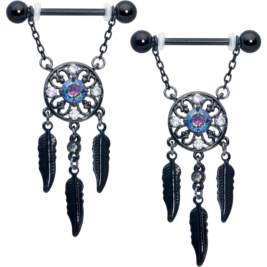 BodyCandy 14G 9/16 Aurora CZ Gem Black Dreamcatcher Dangle Nipple Ring Set — main product shot