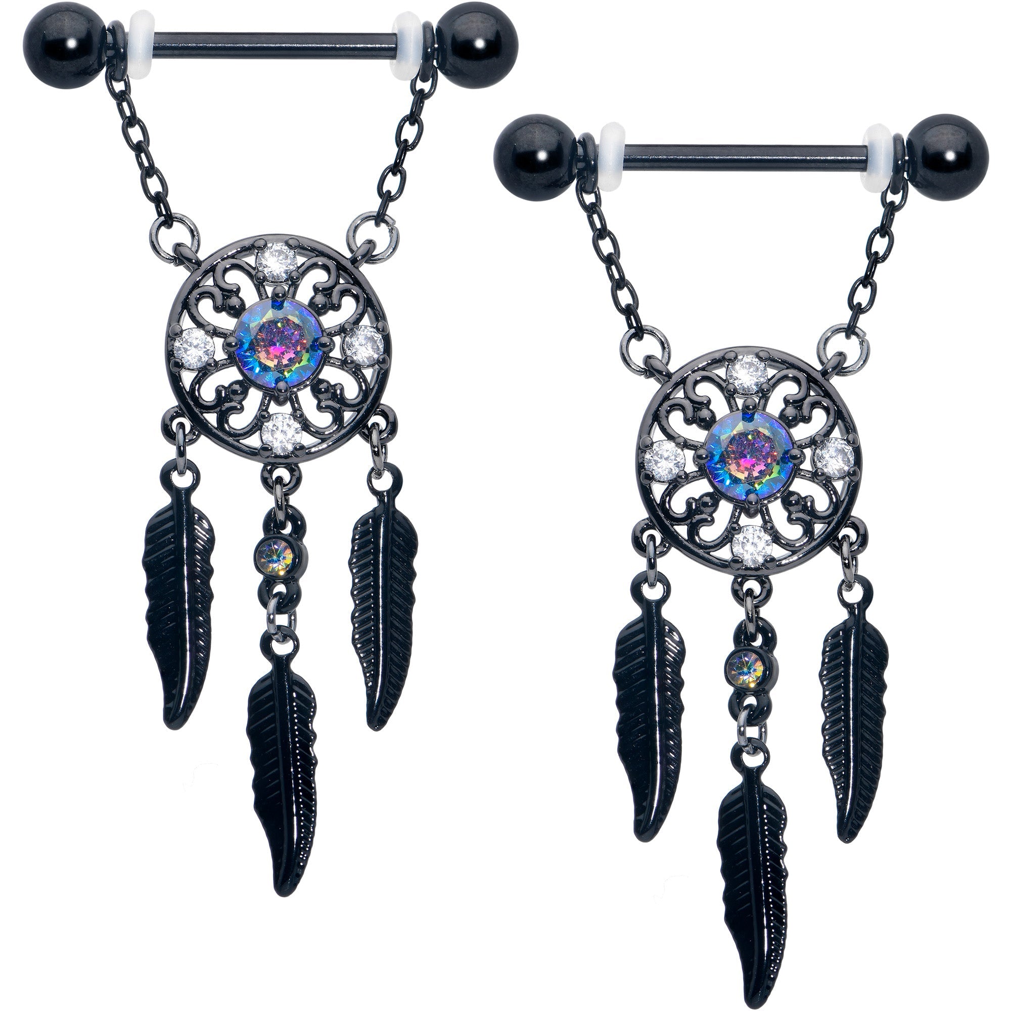 BodyCandy 14G 9/16 Aurora CZ Gem Black Dreamcatcher Dangle Nipple Ring Set — main product shot