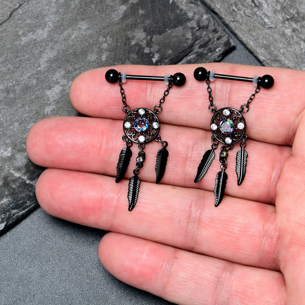 BodyCandy 14G 9/16 Aurora CZ Gem Black Dreamcatcher Dangle Nipple Ring Set — detail close-up