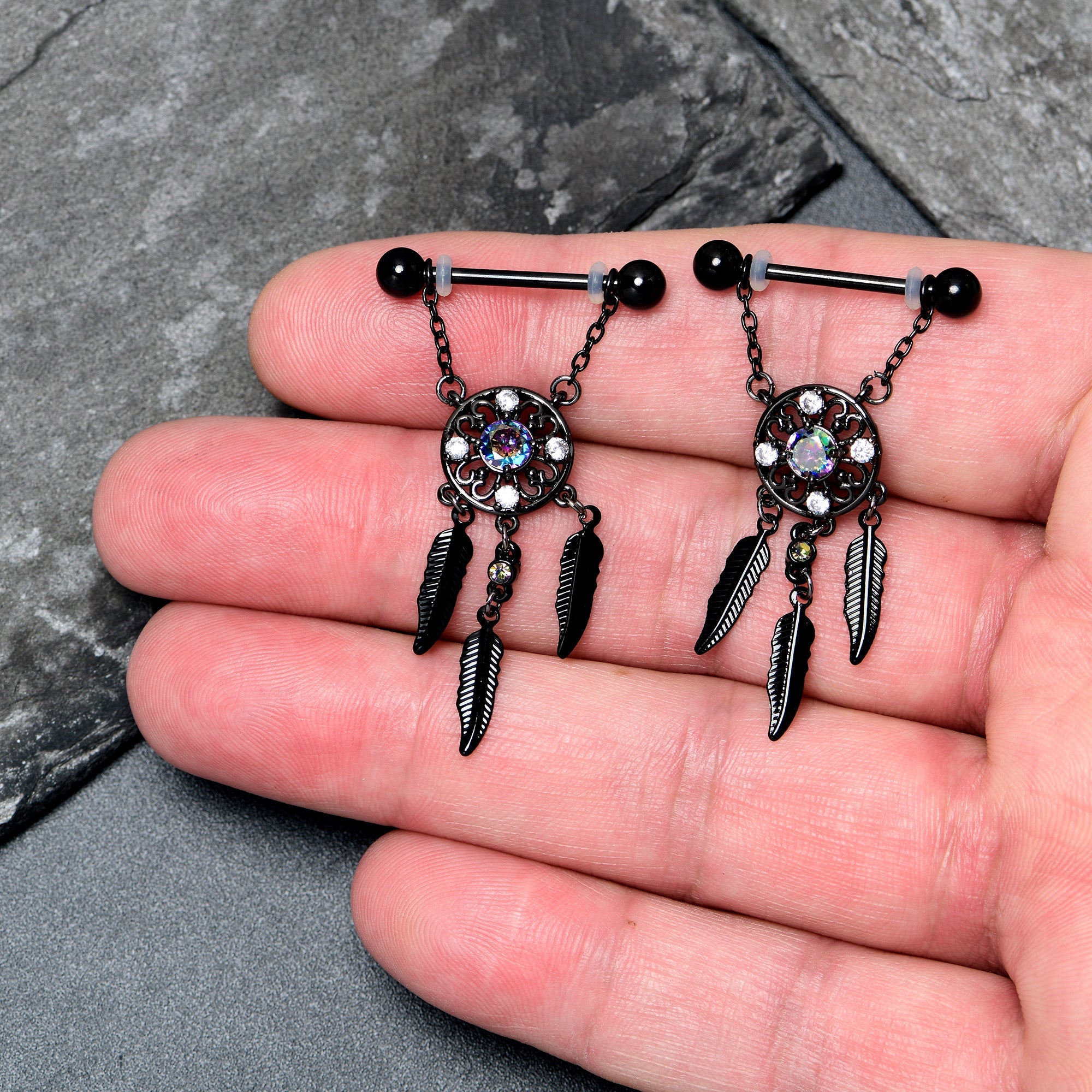 BodyCandy 14G 9/16 Aurora CZ Gem Black Dreamcatcher Dangle Nipple Ring Set — detail close-up