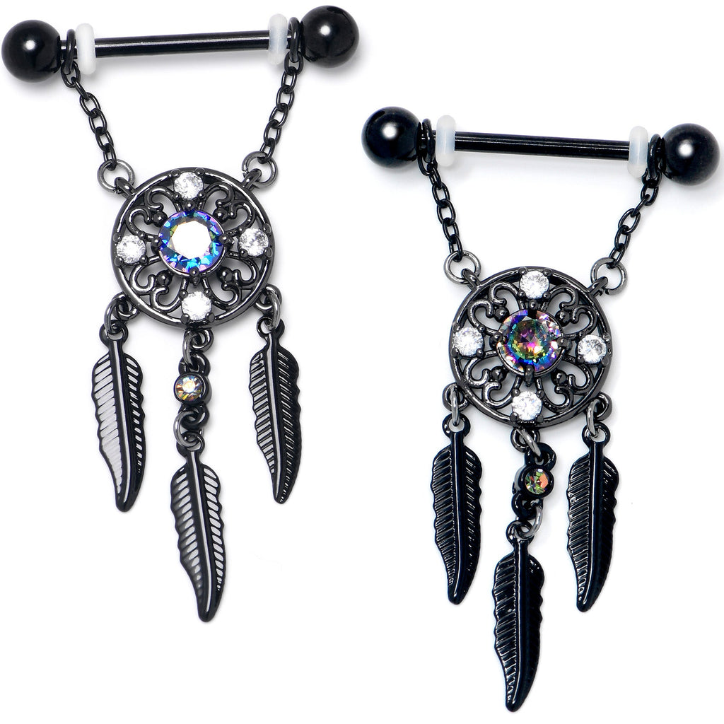 BodyCandy 14G 9/16 Aurora CZ Gem Black Dreamcatcher Dangle Nipple Ring Set — lifestyle context