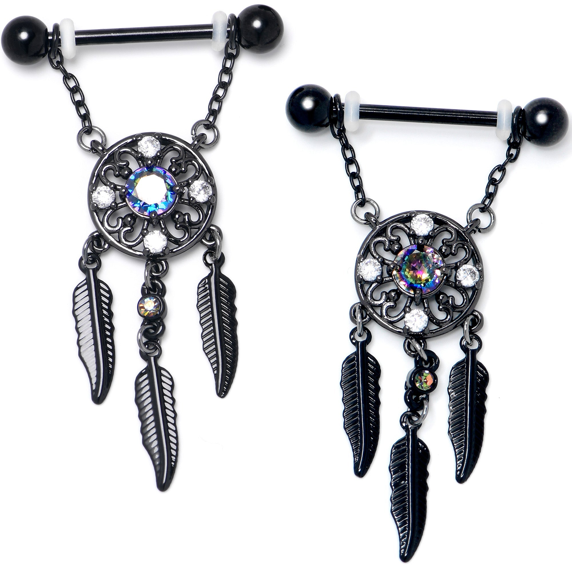 BodyCandy 14G 9/16 Aurora CZ Gem Black Dreamcatcher Dangle Nipple Ring Set — lifestyle context