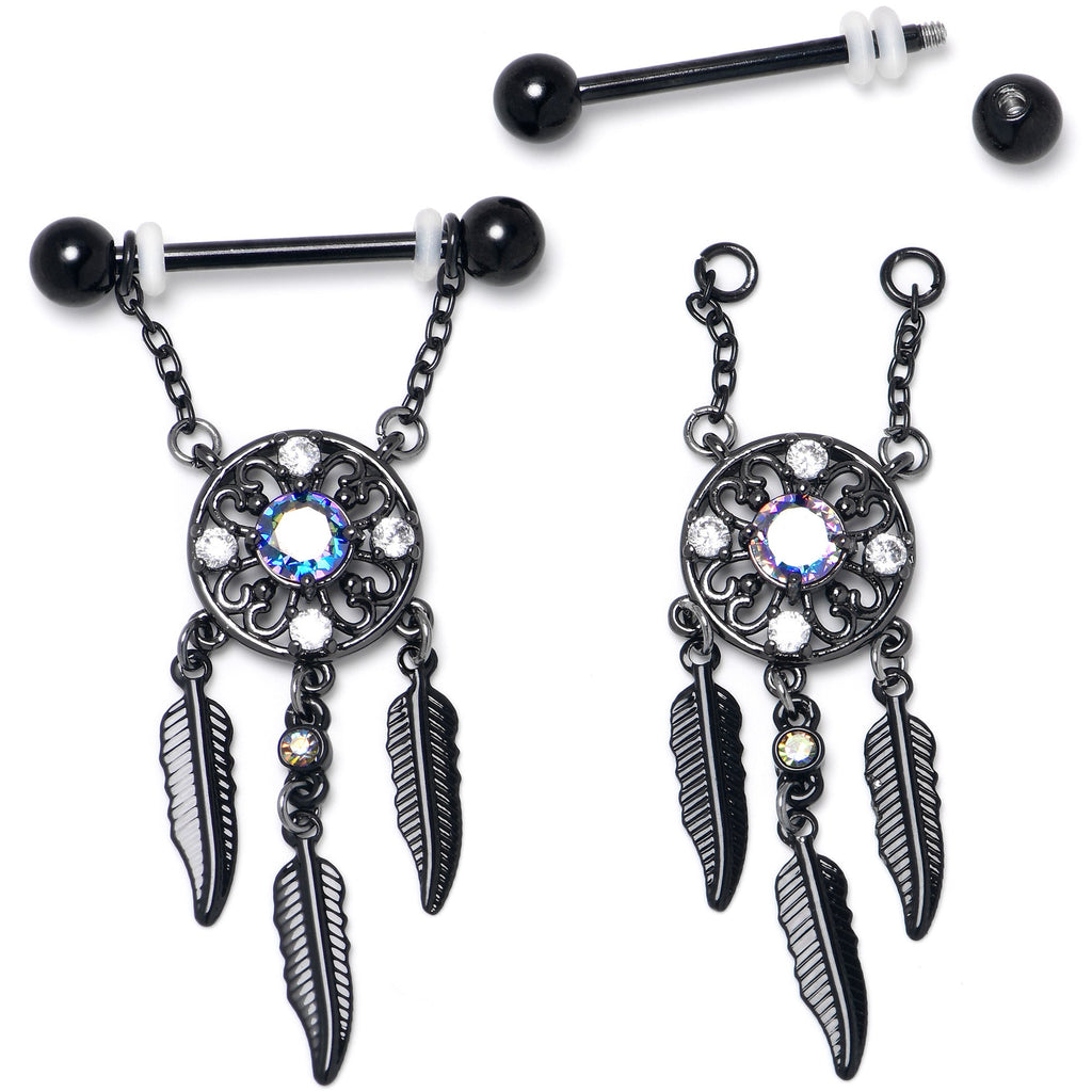 BodyCandy 14G 9/16 Aurora CZ Gem Black Dreamcatcher Dangle Nipple Ring Set — side view