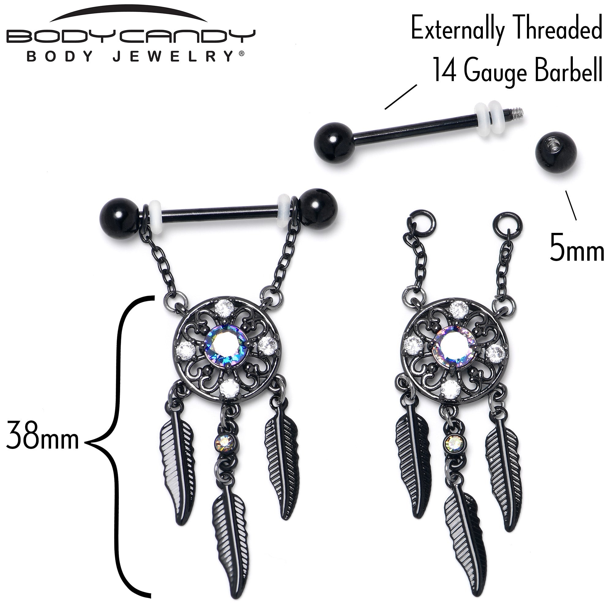 BodyCandy 14G 9/16 Aurora CZ Gem Black Dreamcatcher Dangle Nipple Ring Set — back view