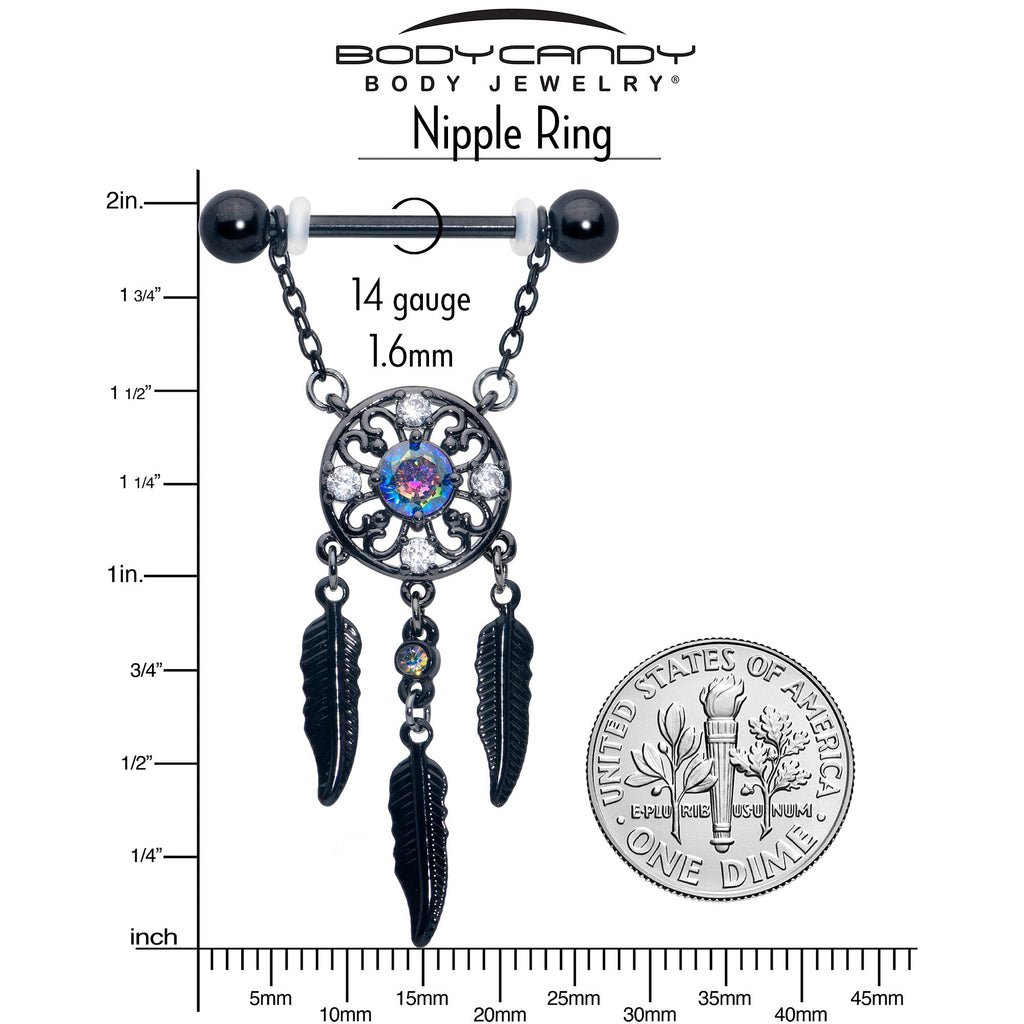 BodyCandy 14G 9/16 Aurora CZ Gem Black Dreamcatcher Dangle Nipple Ring Set — alternative angle