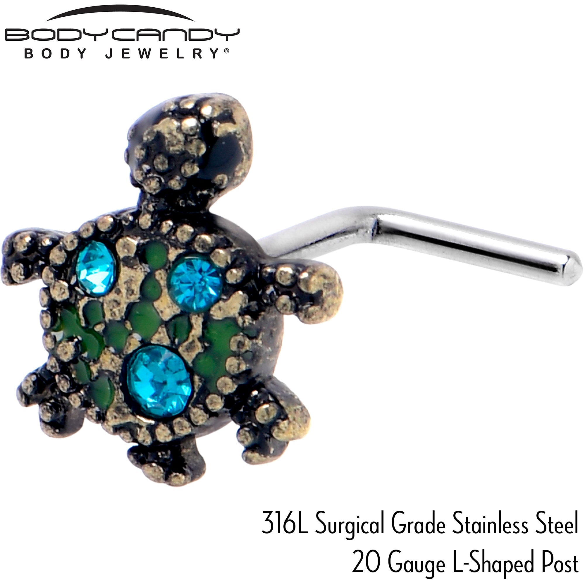 BodyCandy 20G 7mm Blue Gem Sweet Sea Turtle L Shape Nose Ring — back view