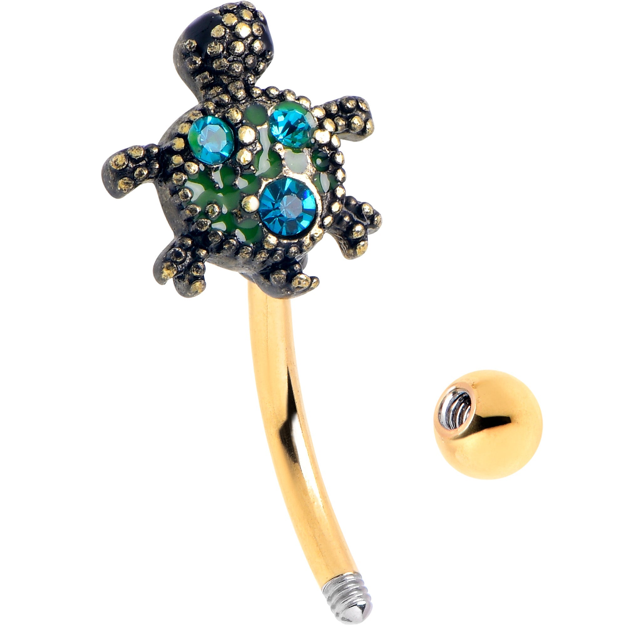 BodyCandy 16G 5/16 Blue Gem Gold Tone Sweet Sea Turtle Curved Eyebrow Ring — detail close-up