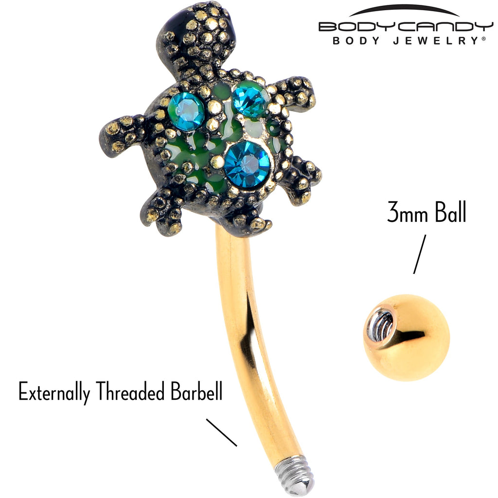 BodyCandy 16G 5/16 Blue Gem Gold Tone Sweet Sea Turtle Curved Eyebrow Ring — back view