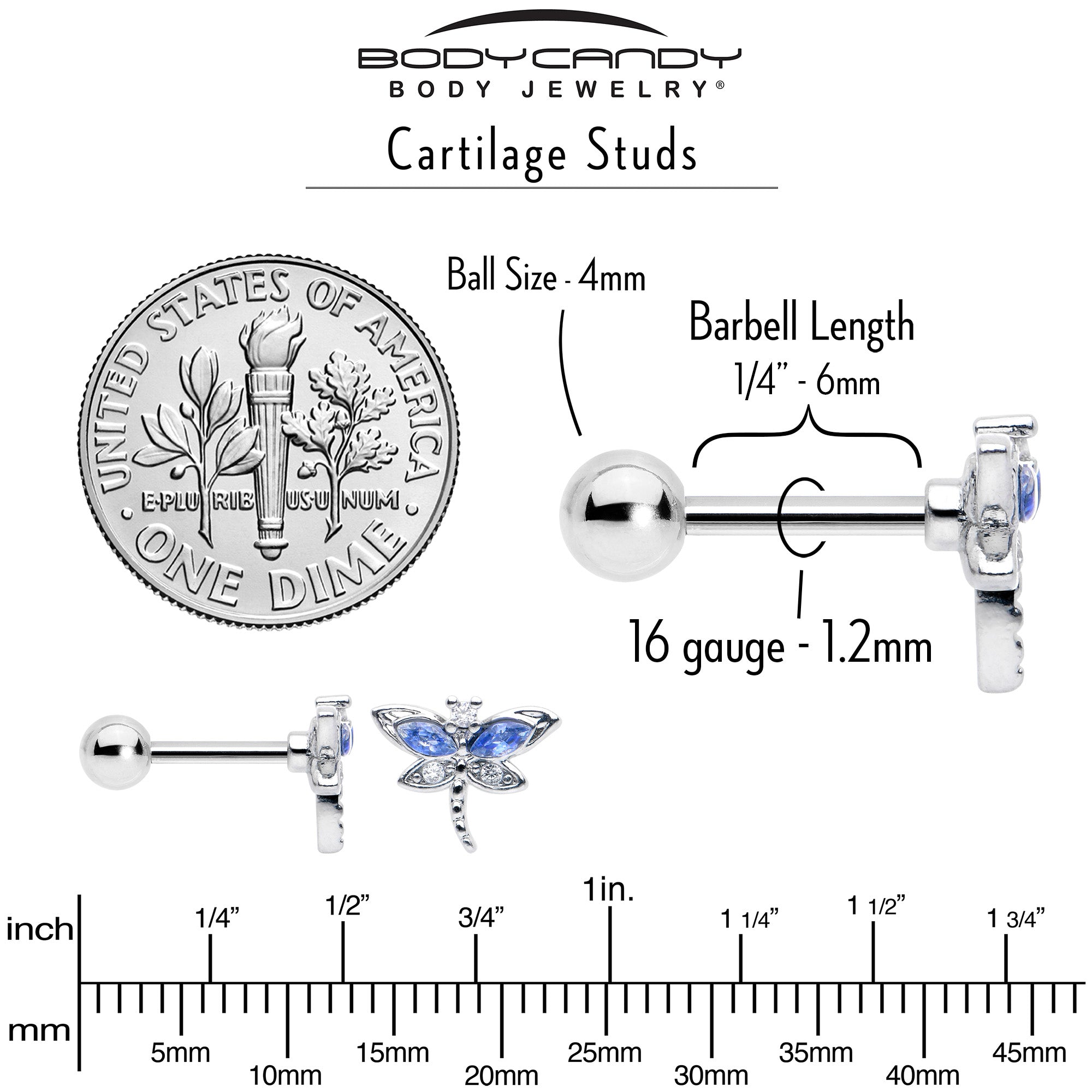BodyCandy 16G 1/4 Blue CZ Gem Dragonfly Style Cartilage Tragus Earring — in-use photo