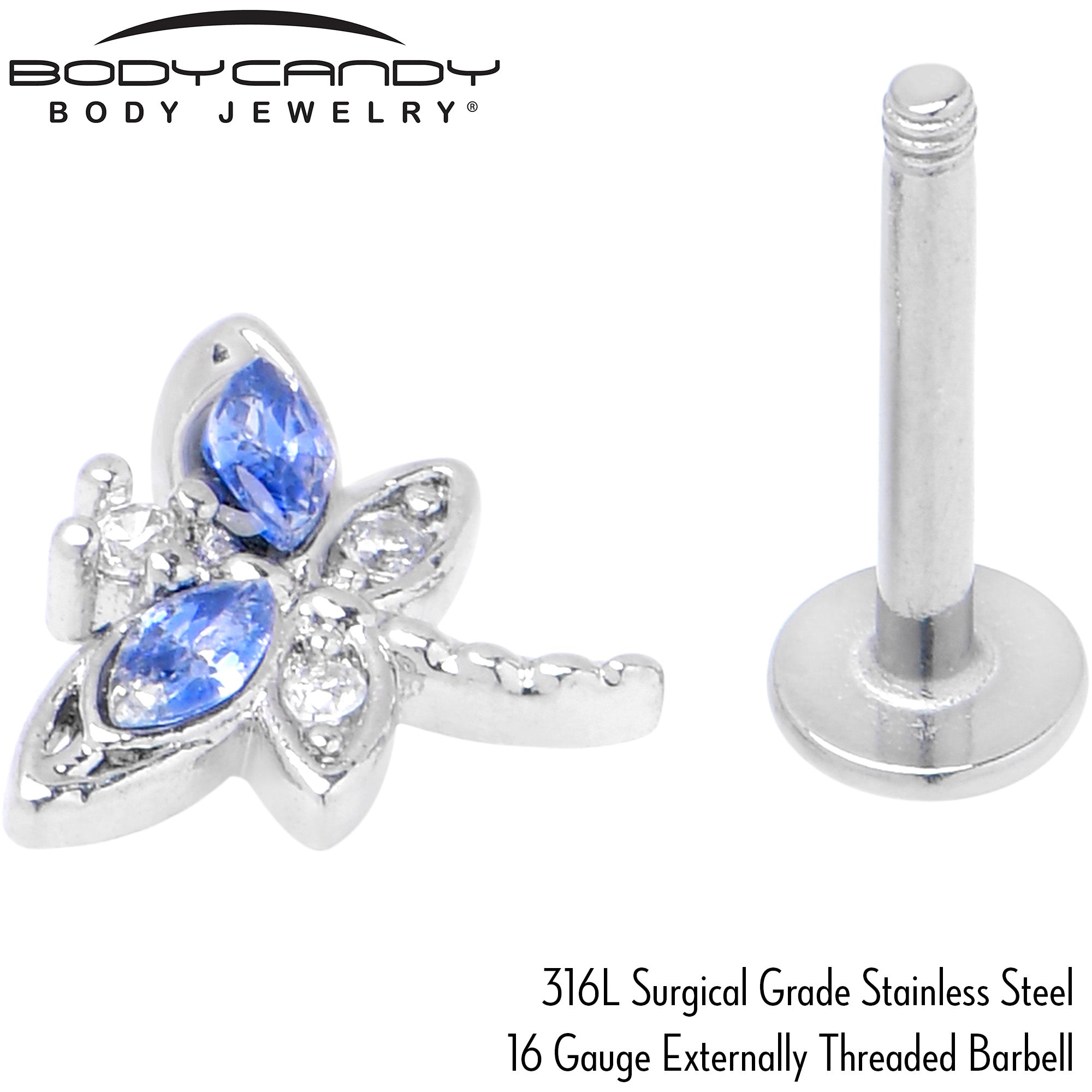 BodyCandy 16G 5/16 Blue CZ Gem Dragonfly Style Labret Monroe Tragus — alternative angle
