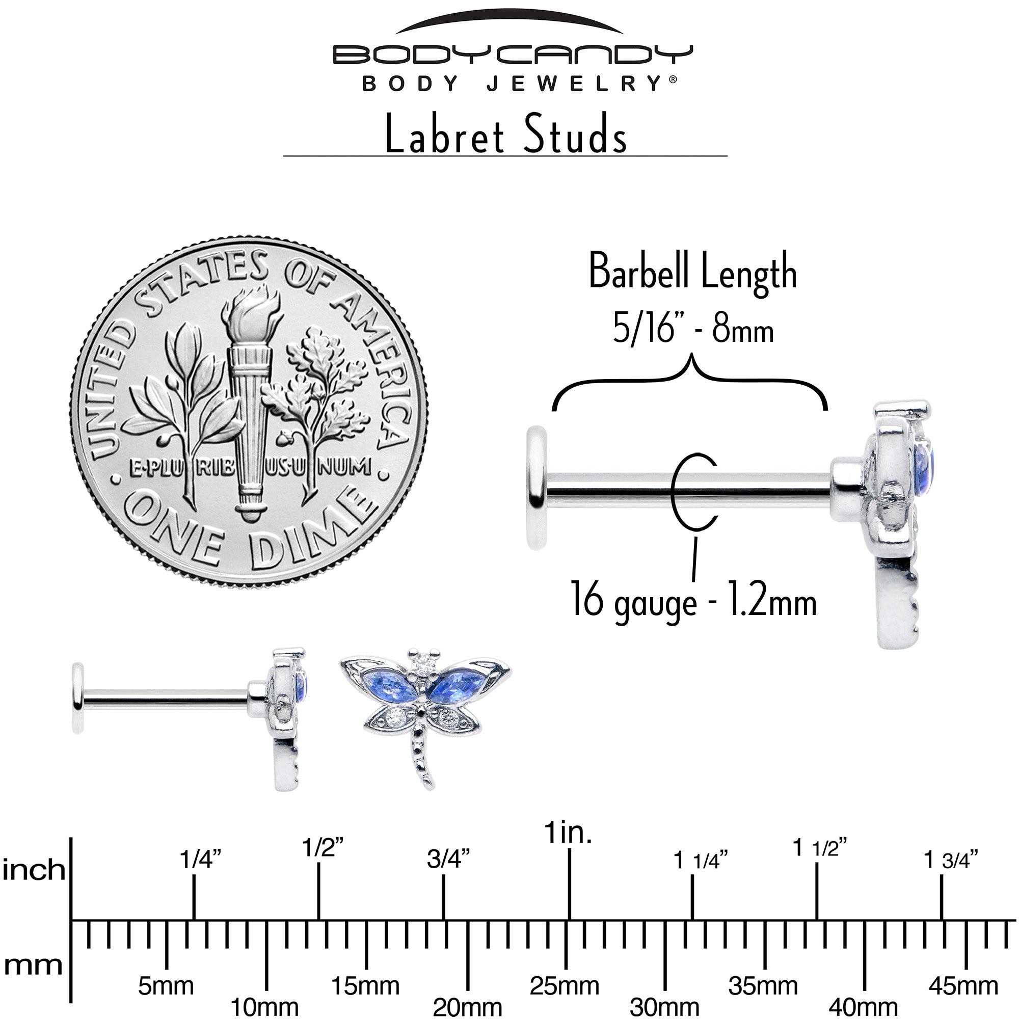 BodyCandy 16G 5/16 Blue CZ Gem Dragonfly Style Labret Monroe Tragus — in-use photo