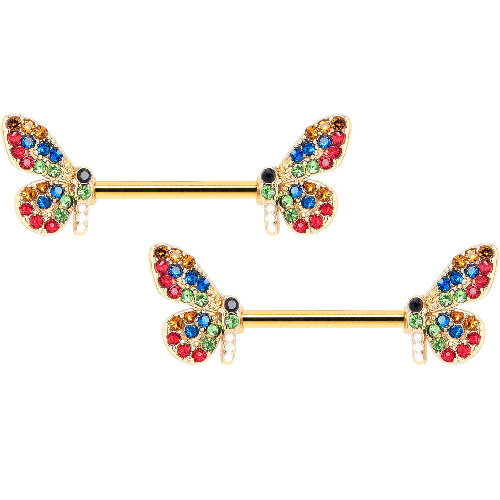 BodyCandy 14G 9/16 Red Blue Gem Gold Tone Butterfly Barbell Nipple Ring Set — main product shot