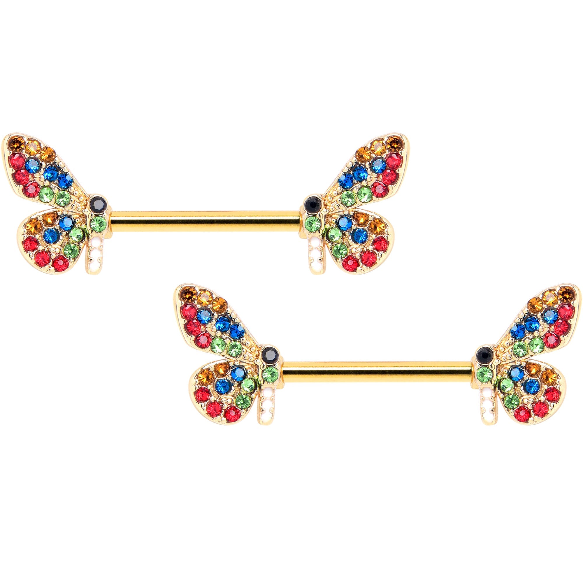 BodyCandy 14G 9/16 Red Blue Gem Gold Tone Butterfly Barbell Nipple Ring Set — main product shot
