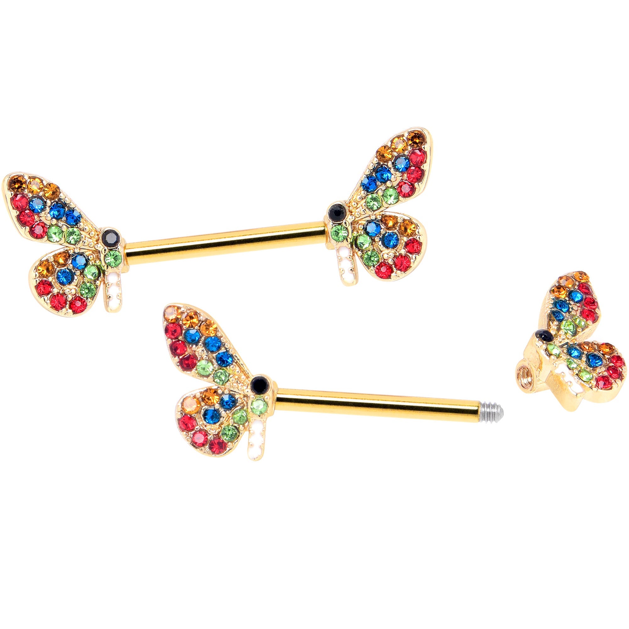 BodyCandy 14G 9/16 Red Blue Gem Gold Tone Butterfly Barbell Nipple Ring Set — detail close-up