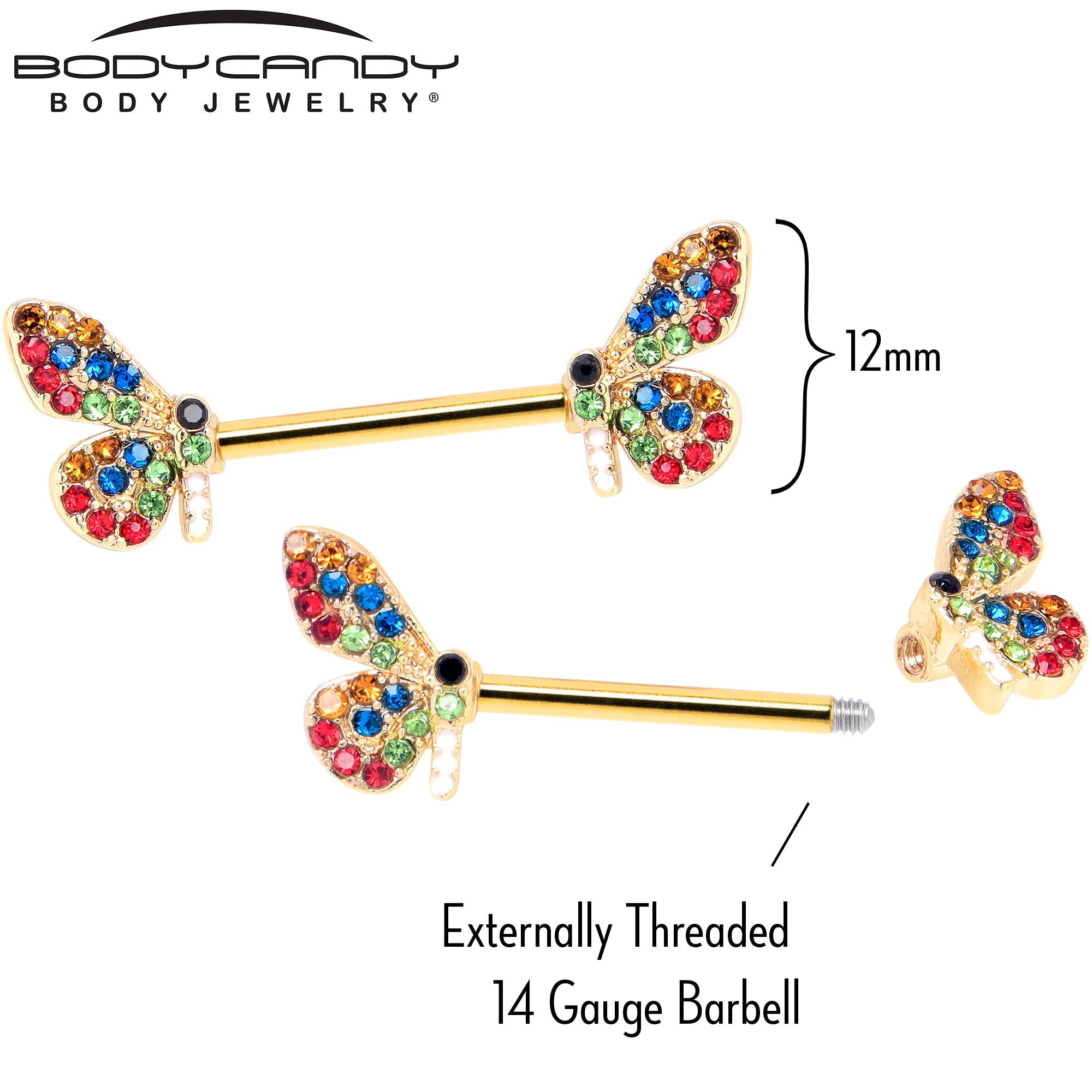BodyCandy 14G 9/16 Red Blue Gem Gold Tone Butterfly Barbell Nipple Ring Set — side view