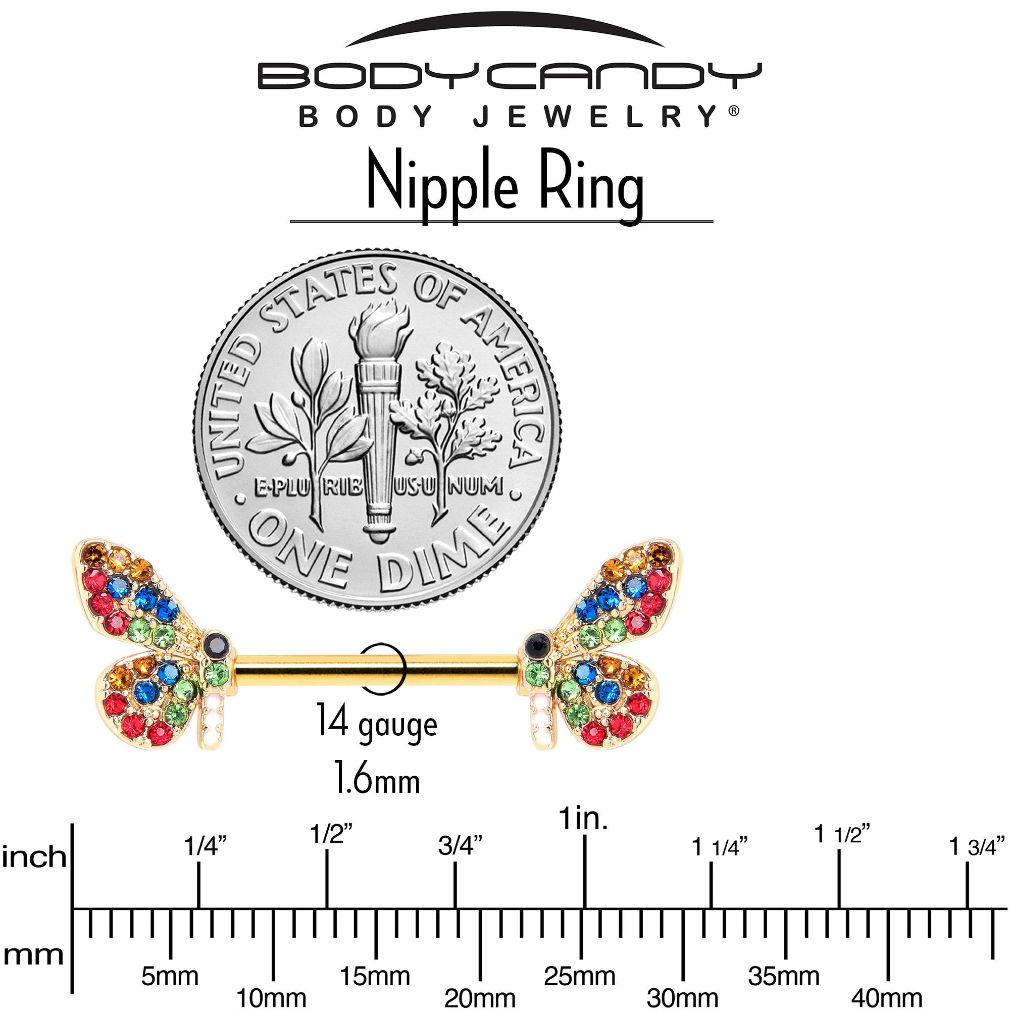 BodyCandy 14G 9/16 Red Blue Gem Gold Tone Butterfly Barbell Nipple Ring Set — back view