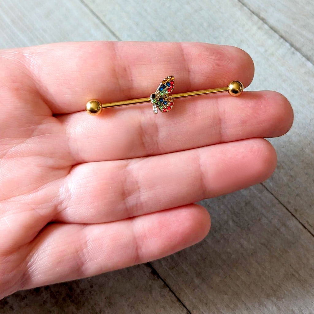 BodyCandy 14G Red Blue Gem Gold Tone Butterfly Industrial Barbell 38mm — detail close-up