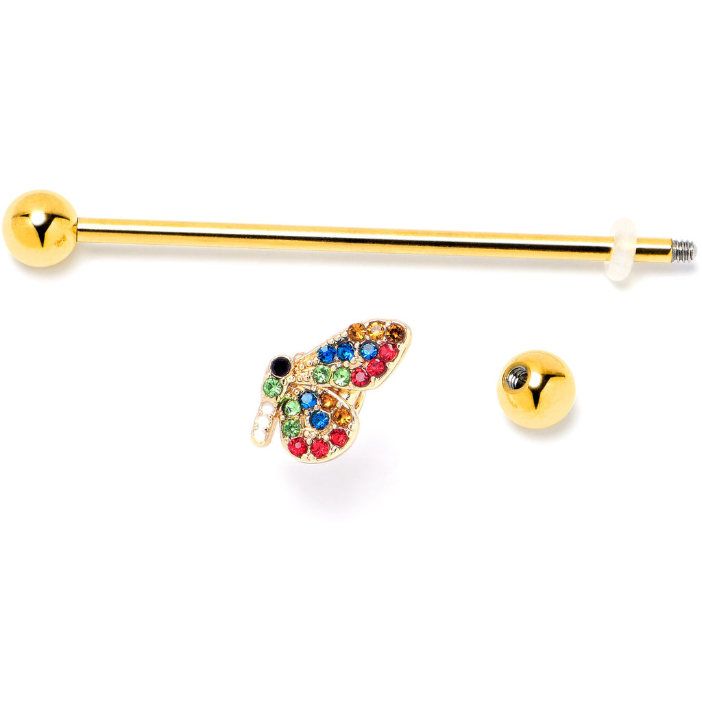BodyCandy 14G Red Blue Gem Gold Tone Butterfly Industrial Barbell 38mm — side view