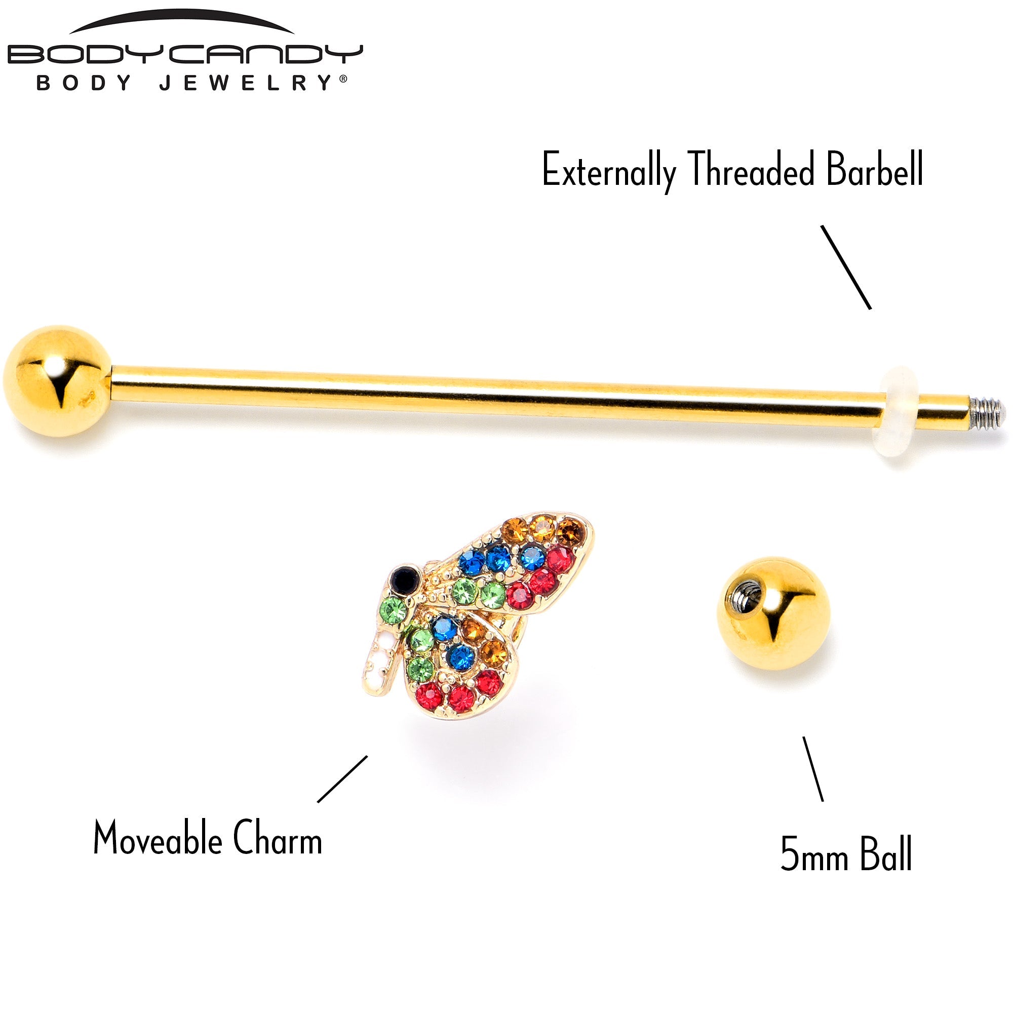 BodyCandy 14G Red Blue Gem Gold Tone Butterfly Industrial Barbell 38mm — back view