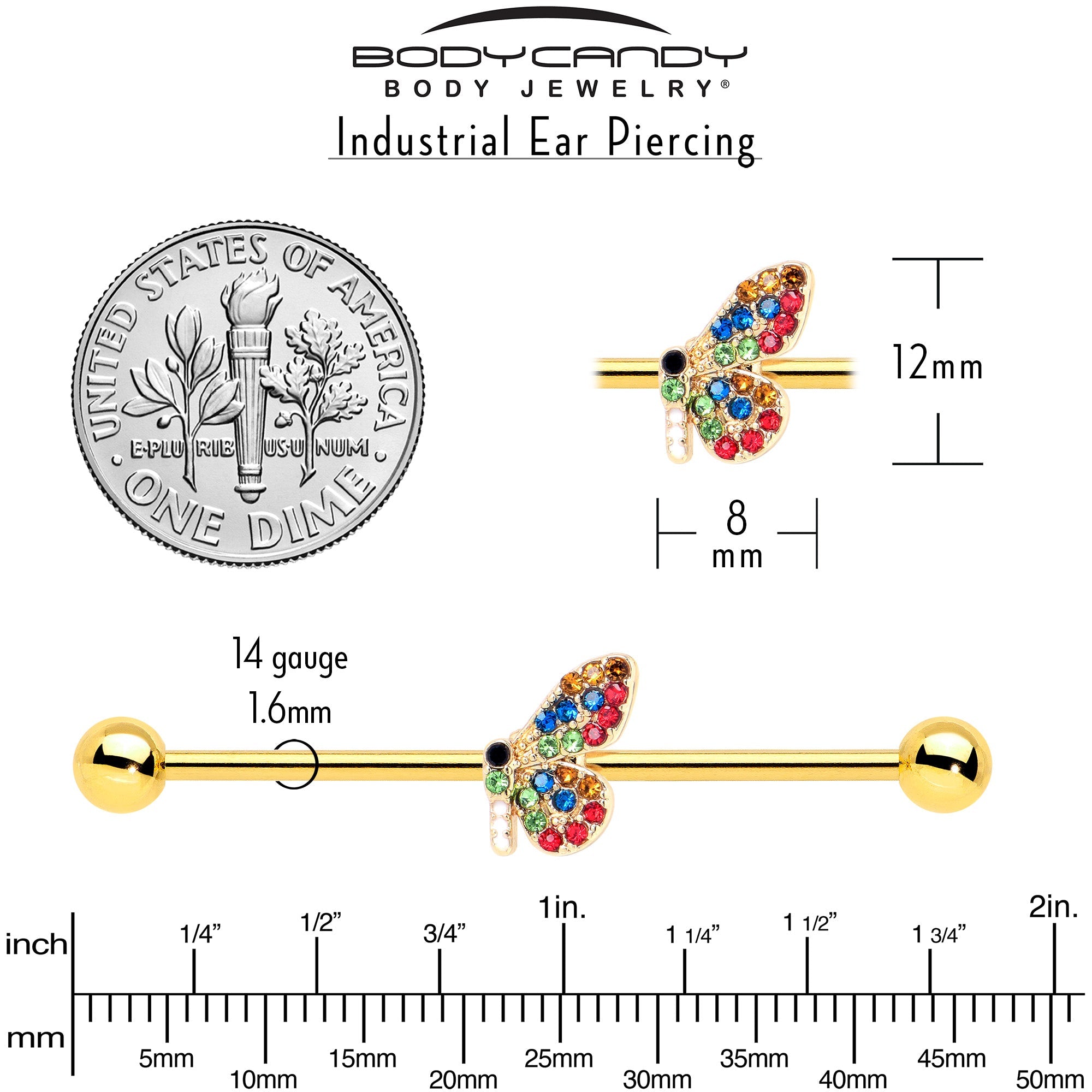 BodyCandy 14G Red Blue Gem Gold Tone Butterfly Industrial Barbell 38mm — alternative angle