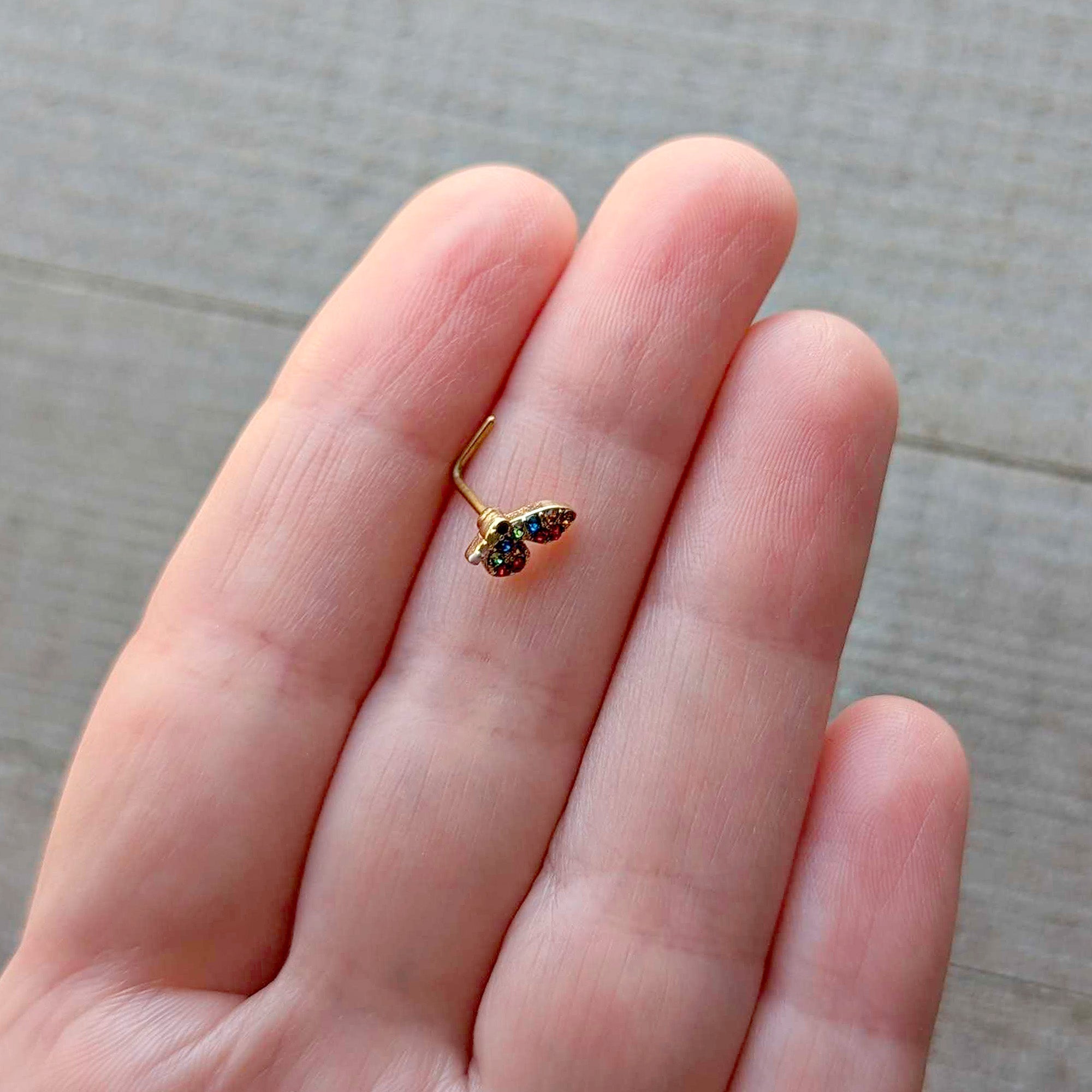 BodyCandy 20G 7mm Red Blue Gem Gold Tone Butterfly L Shape Nose Ring — side view