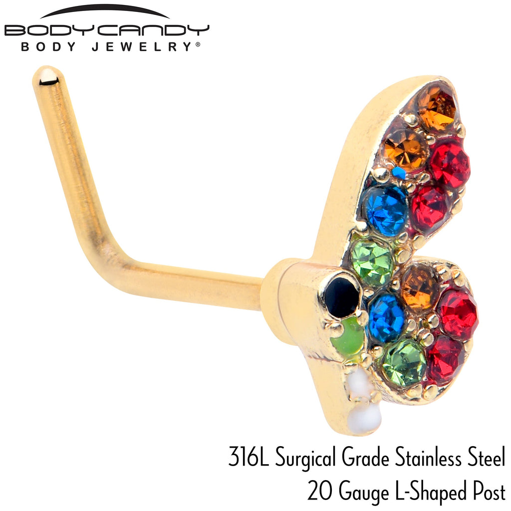 BodyCandy 20G 7mm Red Blue Gem Gold Tone Butterfly L Shape Nose Ring — back view