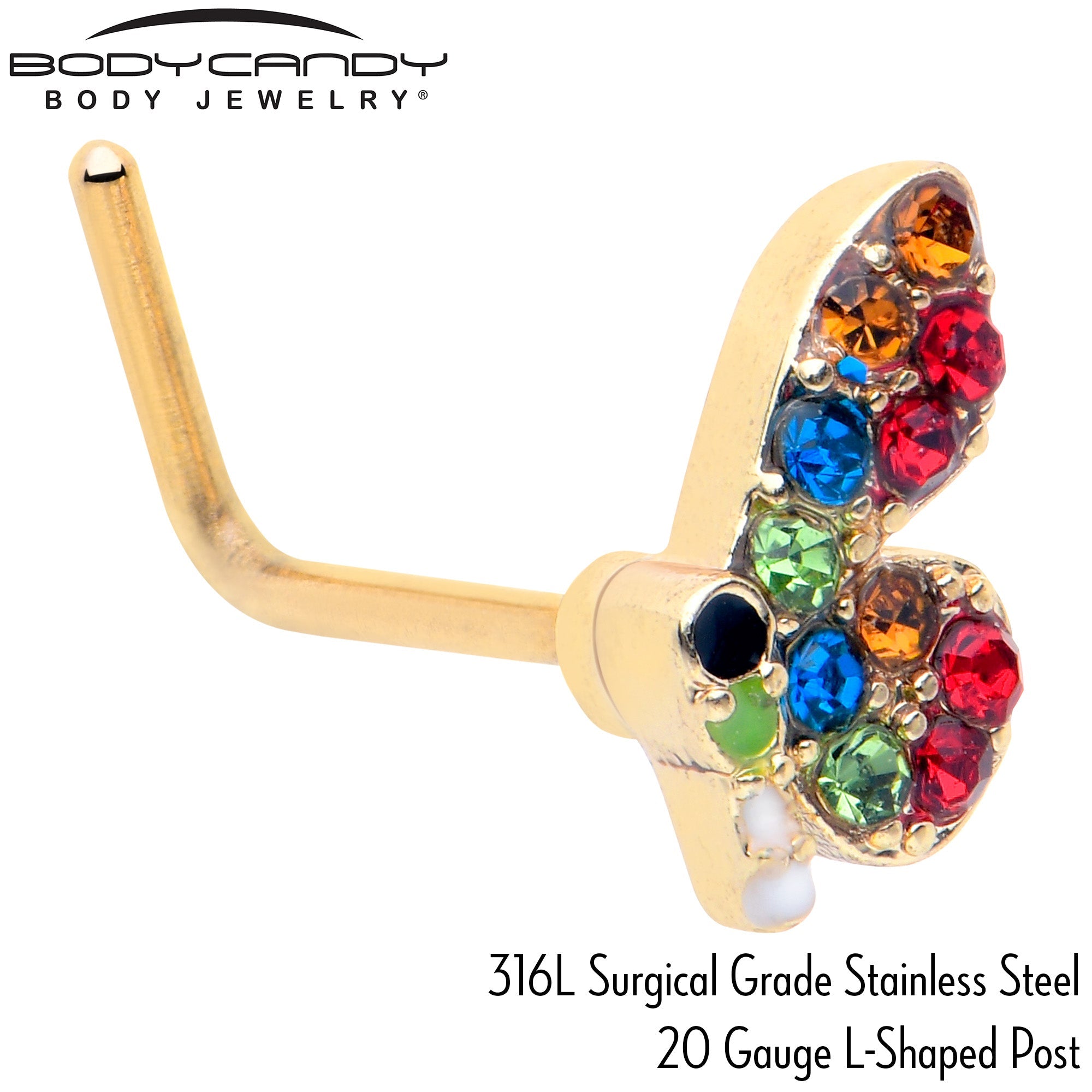 BodyCandy 20G 7mm Red Blue Gem Gold Tone Butterfly L Shape Nose Ring — back view
