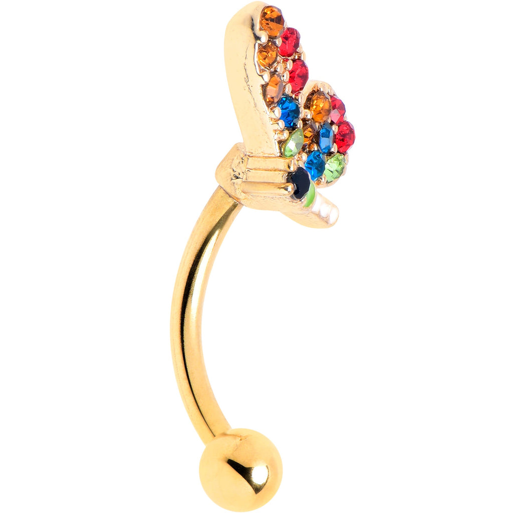 BodyCandy 16G 5/16 Red Blue Gem Gold Tone Butterfly Curved Eyebrow Ring — detail close-up