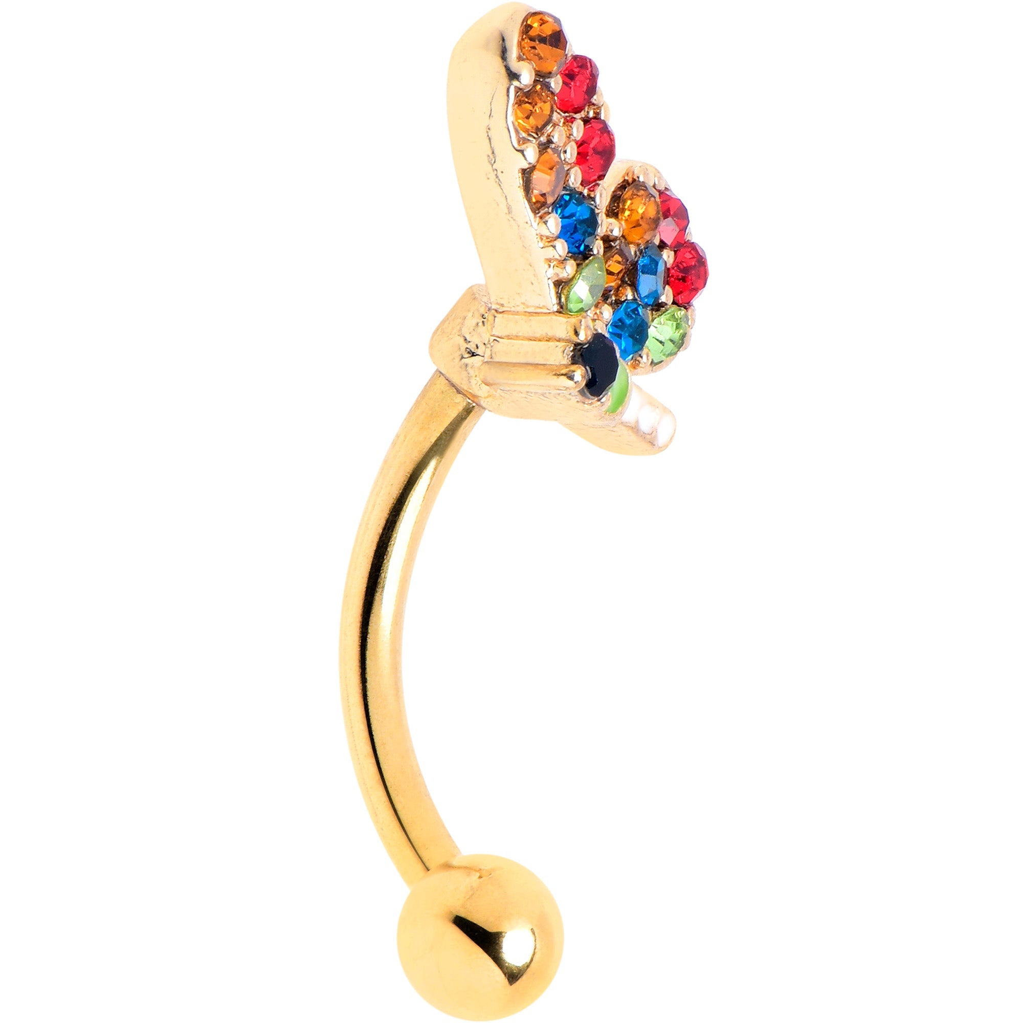 BodyCandy 16G 5/16 Red Blue Gem Gold Tone Butterfly Curved Eyebrow Ring — detail close-up