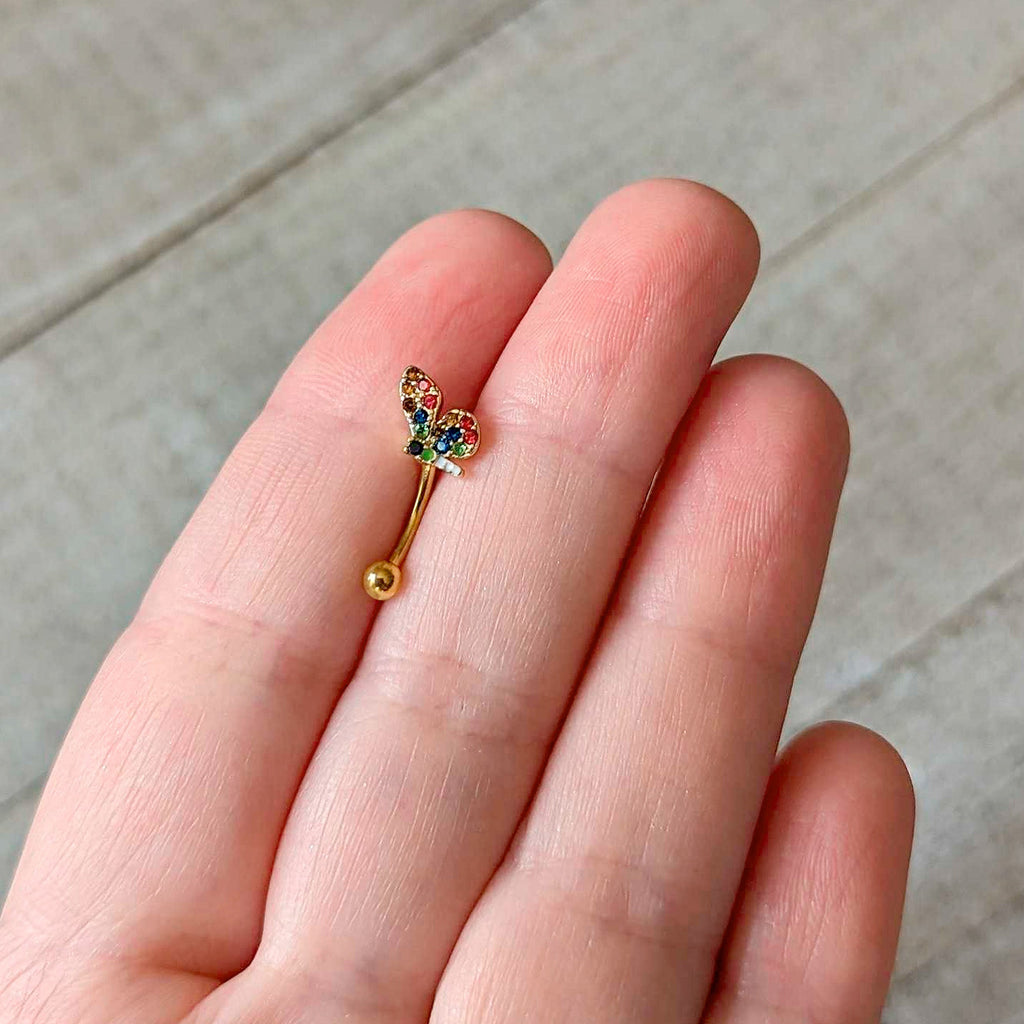 BodyCandy 16G 5/16 Red Blue Gem Gold Tone Butterfly Curved Eyebrow Ring — back view