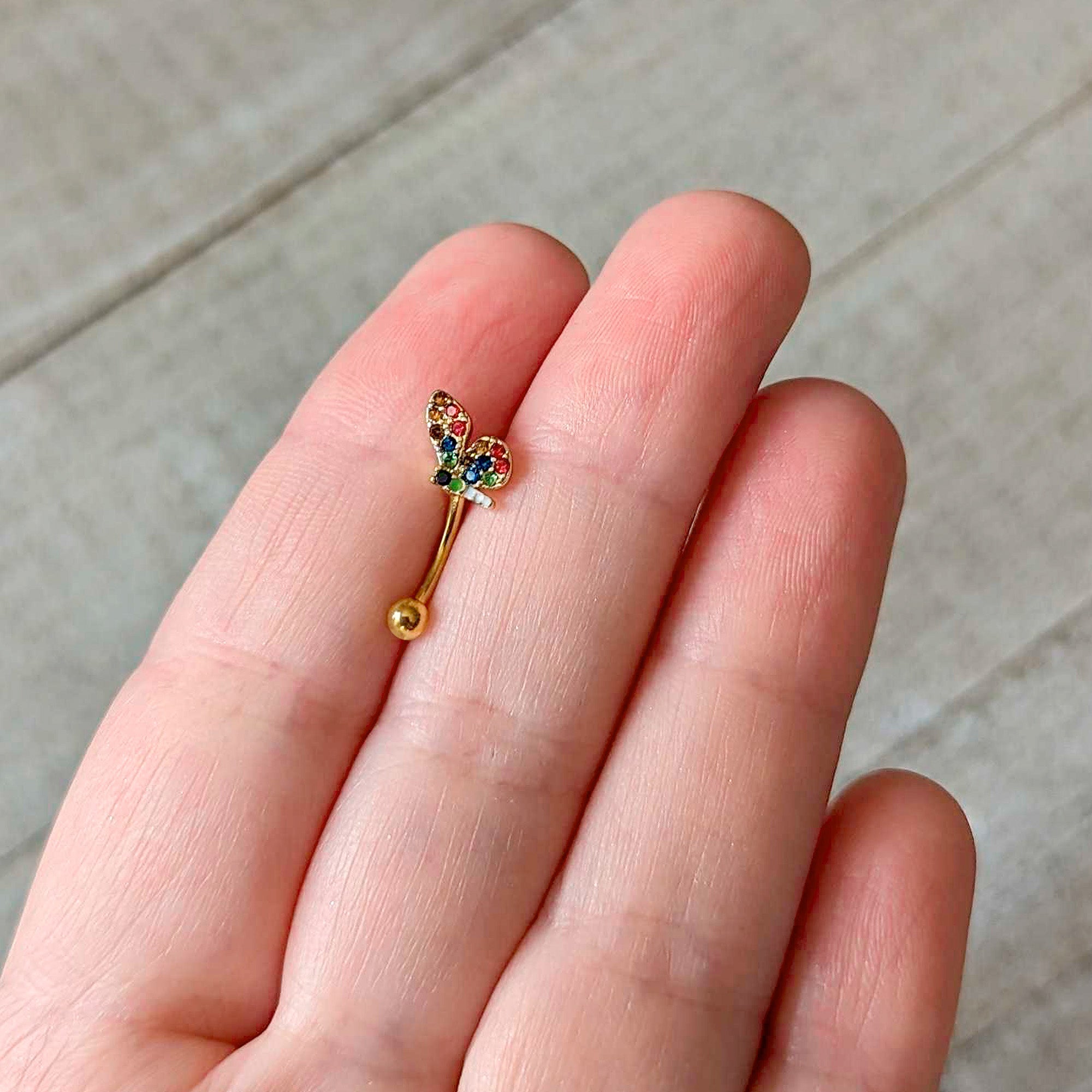 BodyCandy 16G 5/16 Red Blue Gem Gold Tone Butterfly Curved Eyebrow Ring — back view