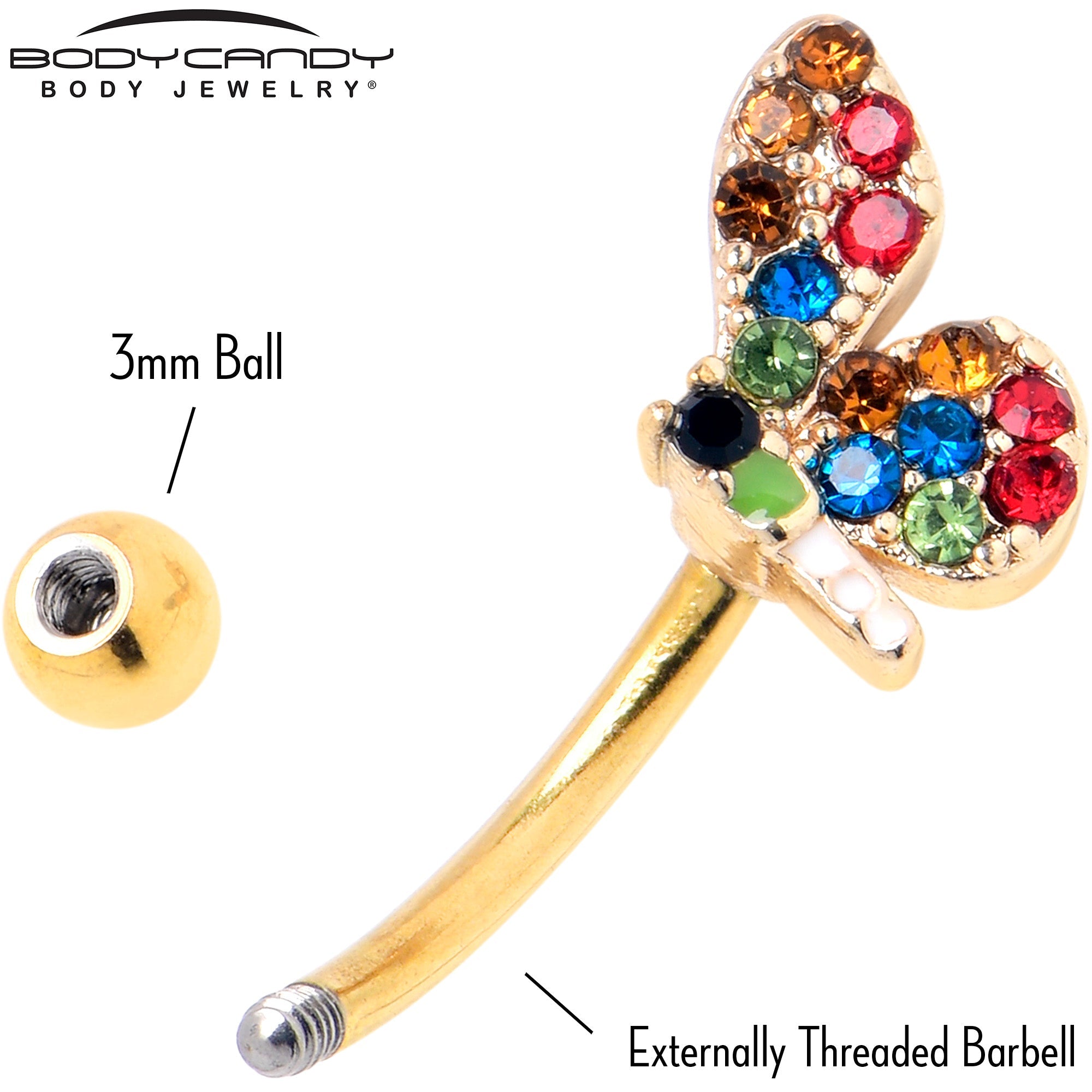 BodyCandy 16G 5/16 Red Blue Gem Gold Tone Butterfly Curved Eyebrow Ring — alternative angle