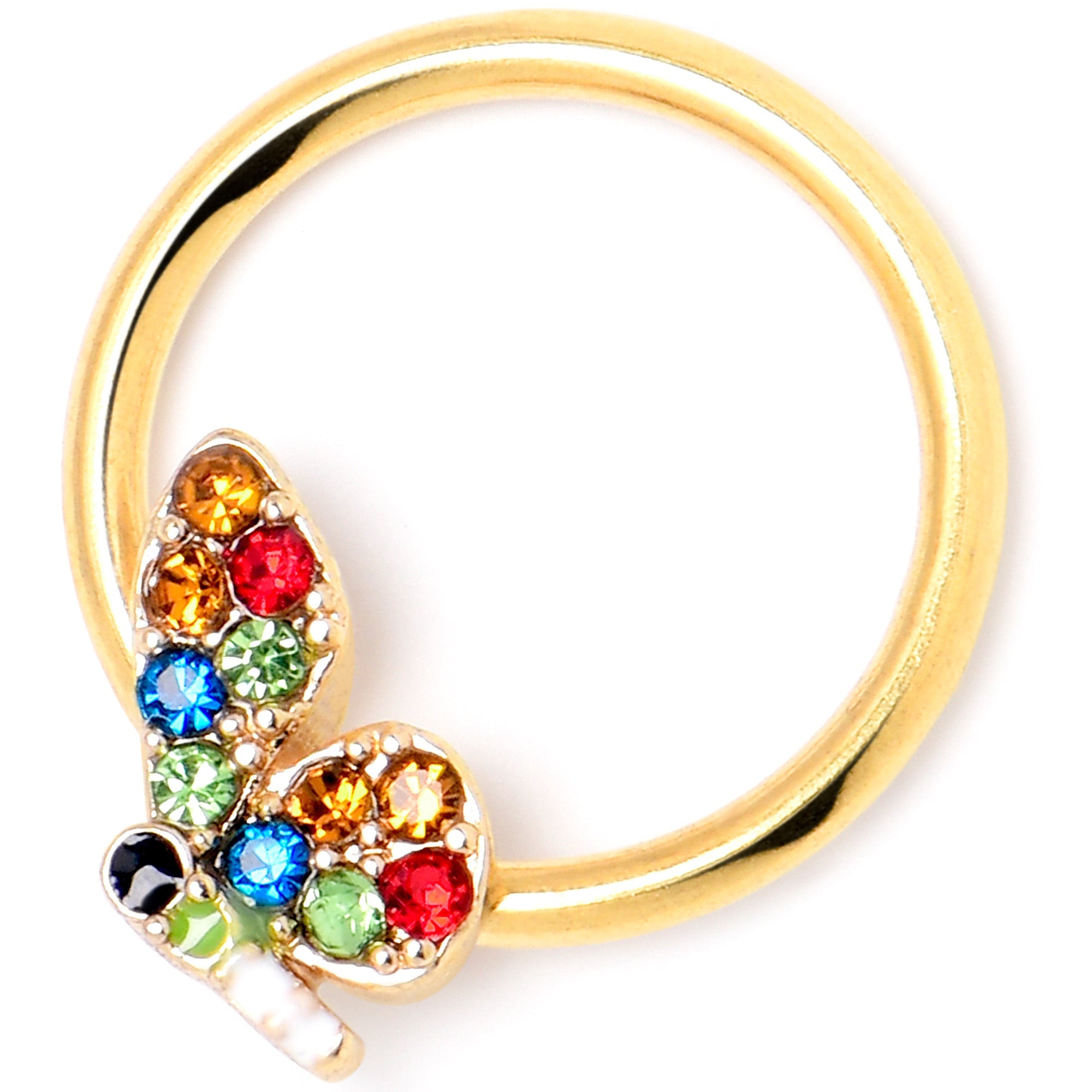 BodyCandy 16G 3/8 Red Blue Gem Gold Tone Butterfly BCR Captive Ring — lifestyle context